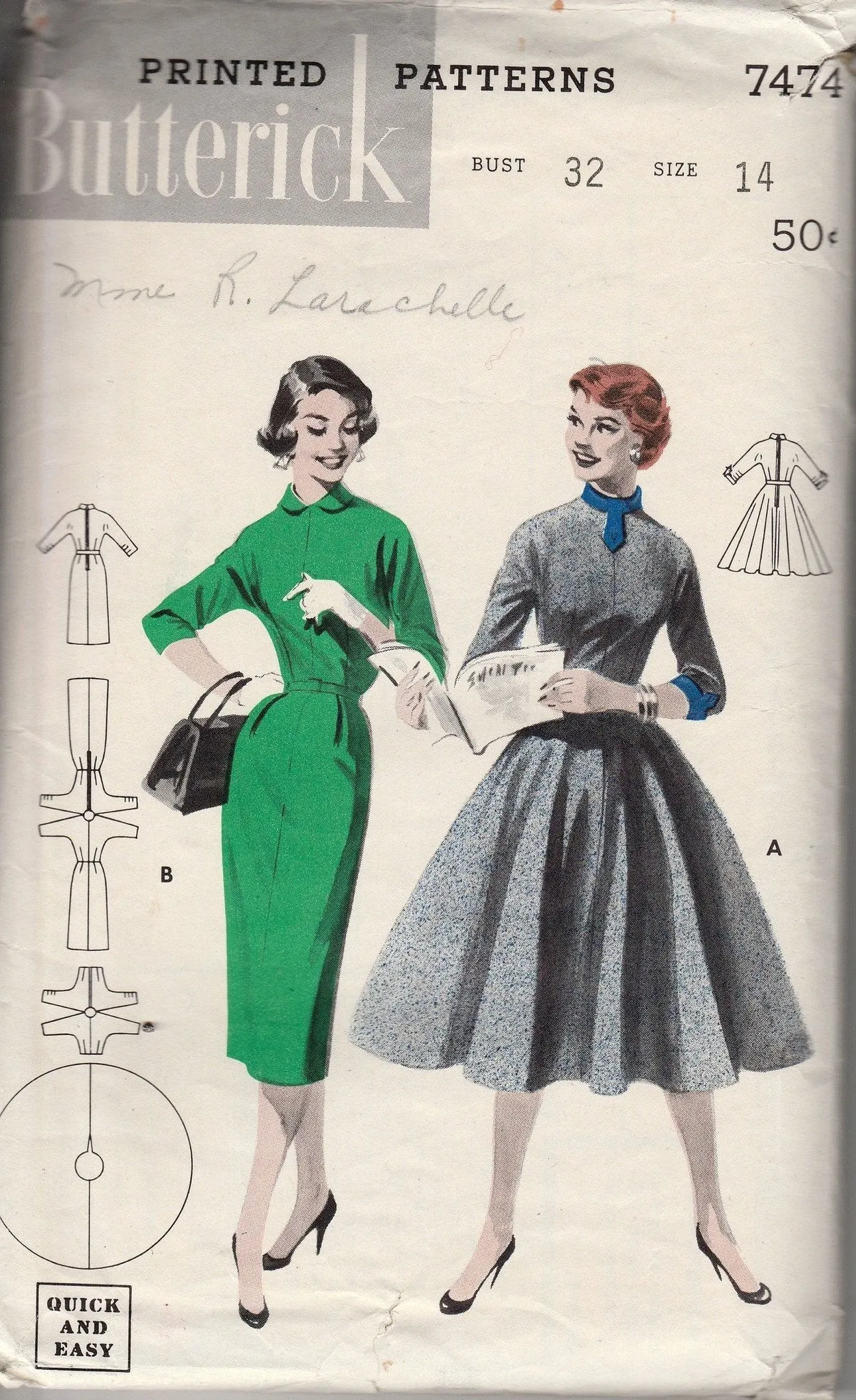 Butterick 7474 Ladies Dress Vintage 1940's Sewing Pattern Quick N' Easy