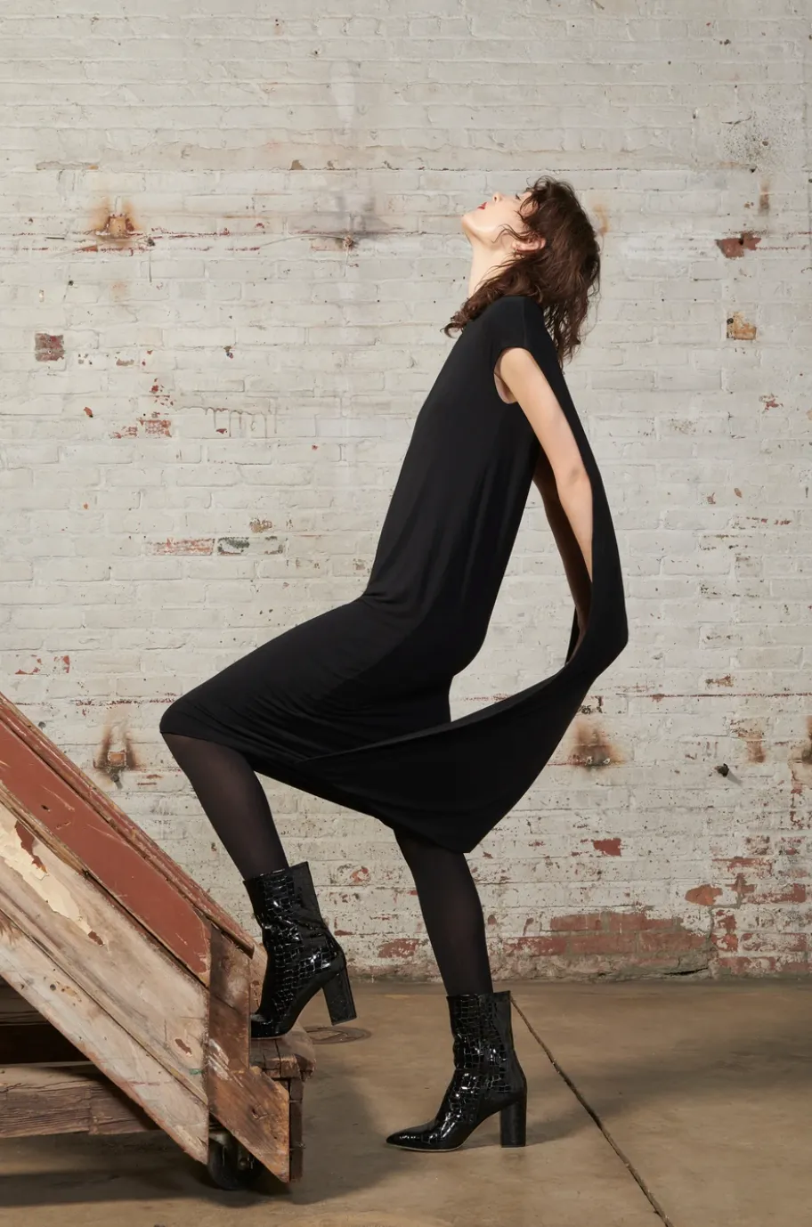 Cape Dress in Black Twill Suiting