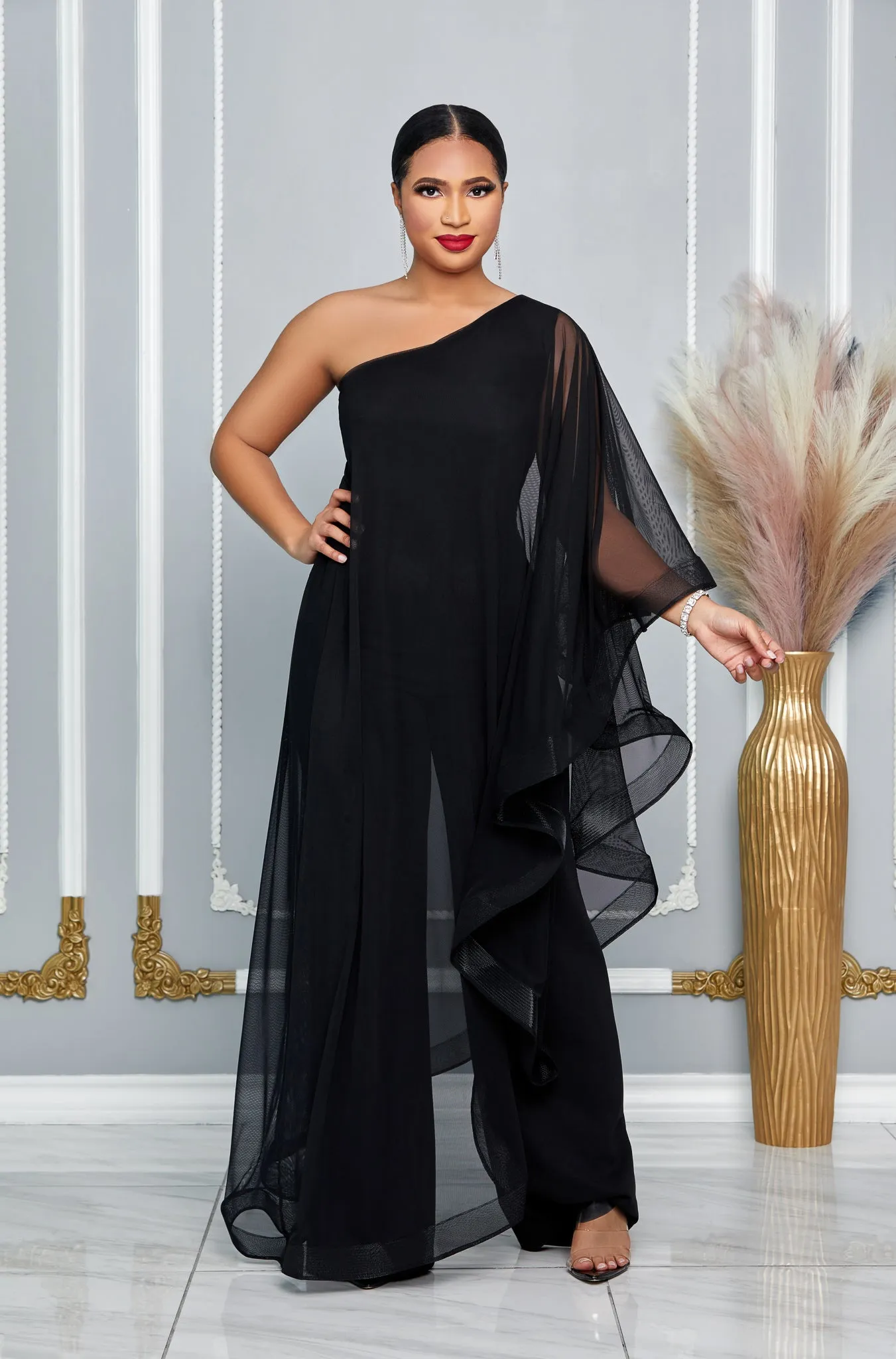 CAPE SINGLE SHOULDER WIDE LEG JUMPSUIT (BLACK)