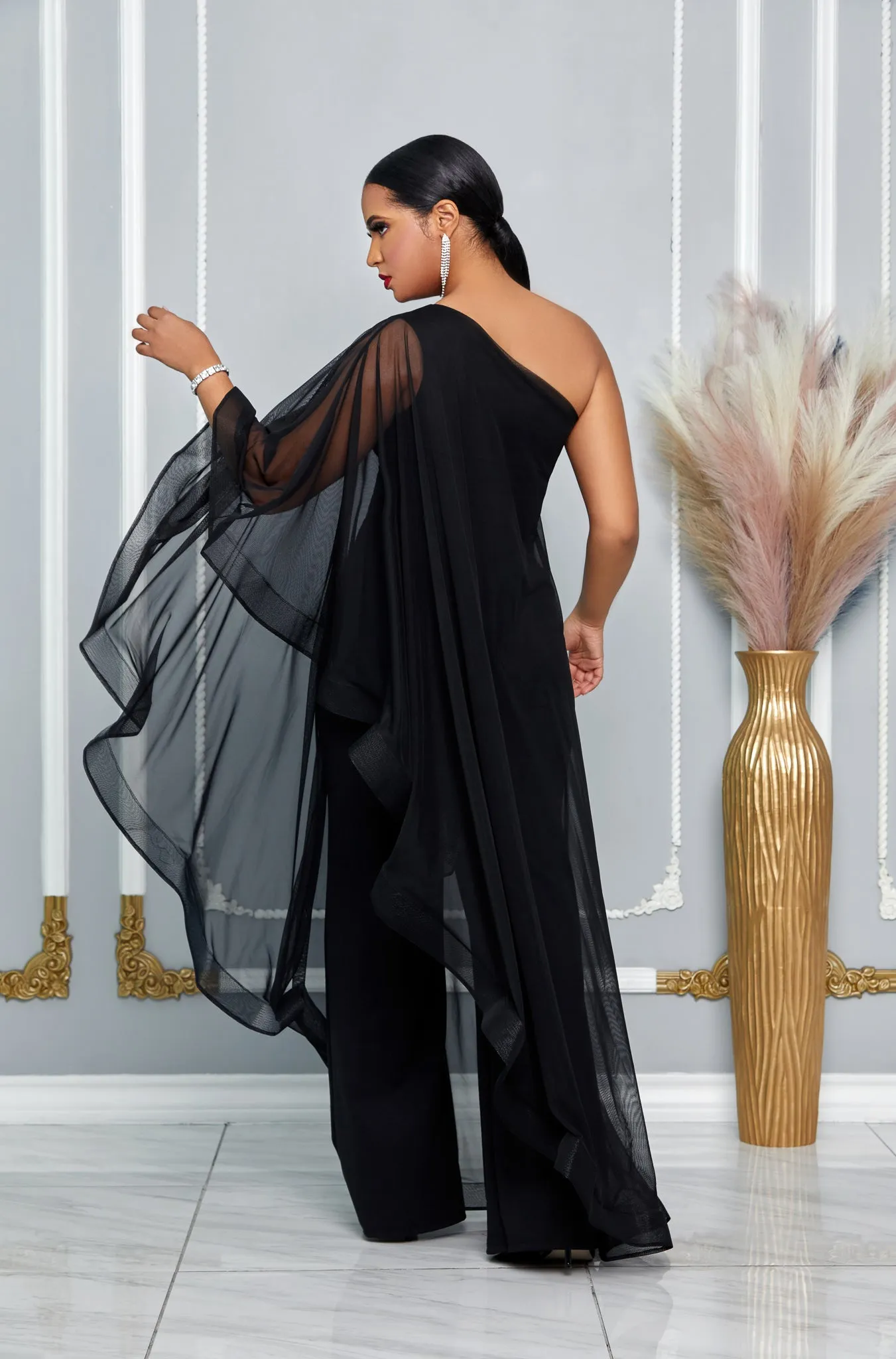 CAPE SINGLE SHOULDER WIDE LEG JUMPSUIT (BLACK)