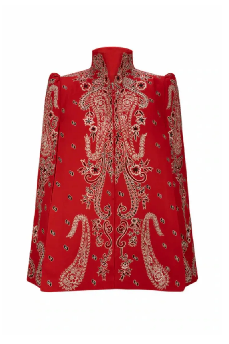 CHERRY PAISLEY-EMBROIDERED CAPE