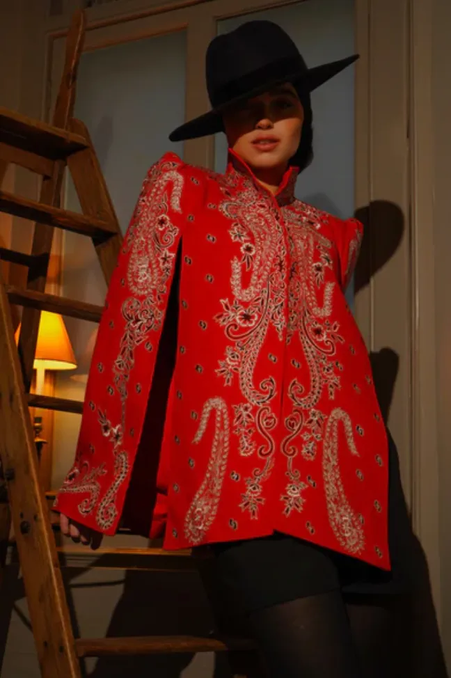 CHERRY PAISLEY-EMBROIDERED CAPE