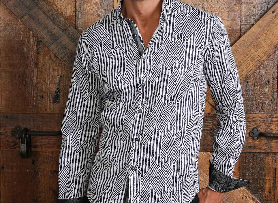 Chevron Black And White Button Down Shirt W/ Trim