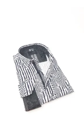 Chevron Black And White Button Down Shirt W/ Trim