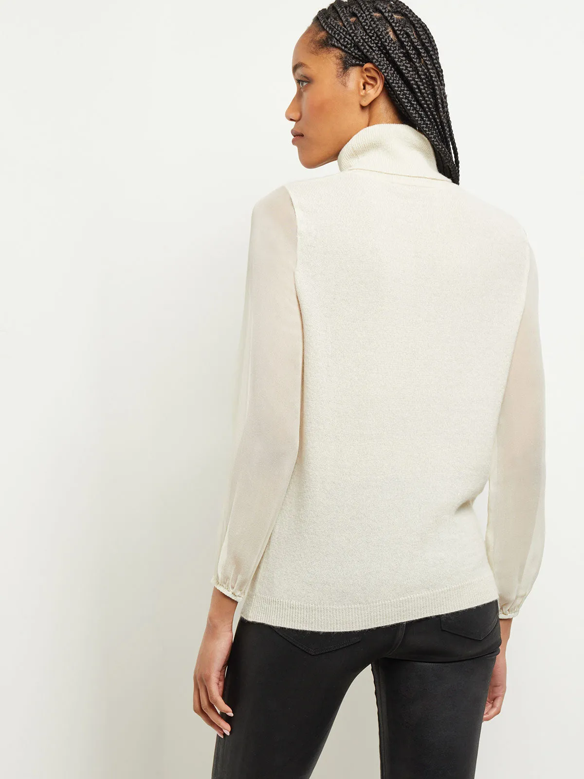 Chiffon Sleeve Cashmere Turtleneck, ivory