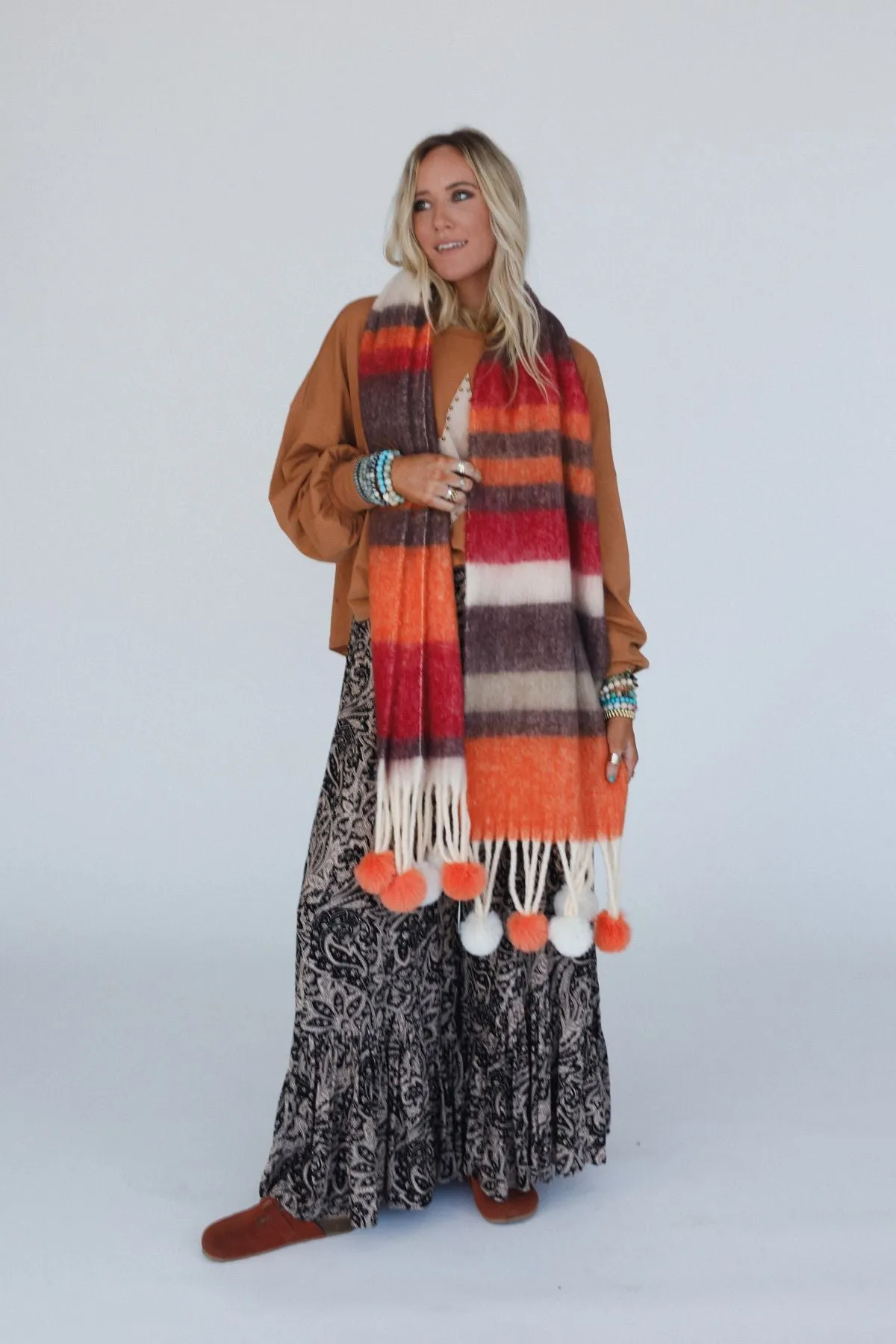 Chill Stripe Pom Scarf - Orange