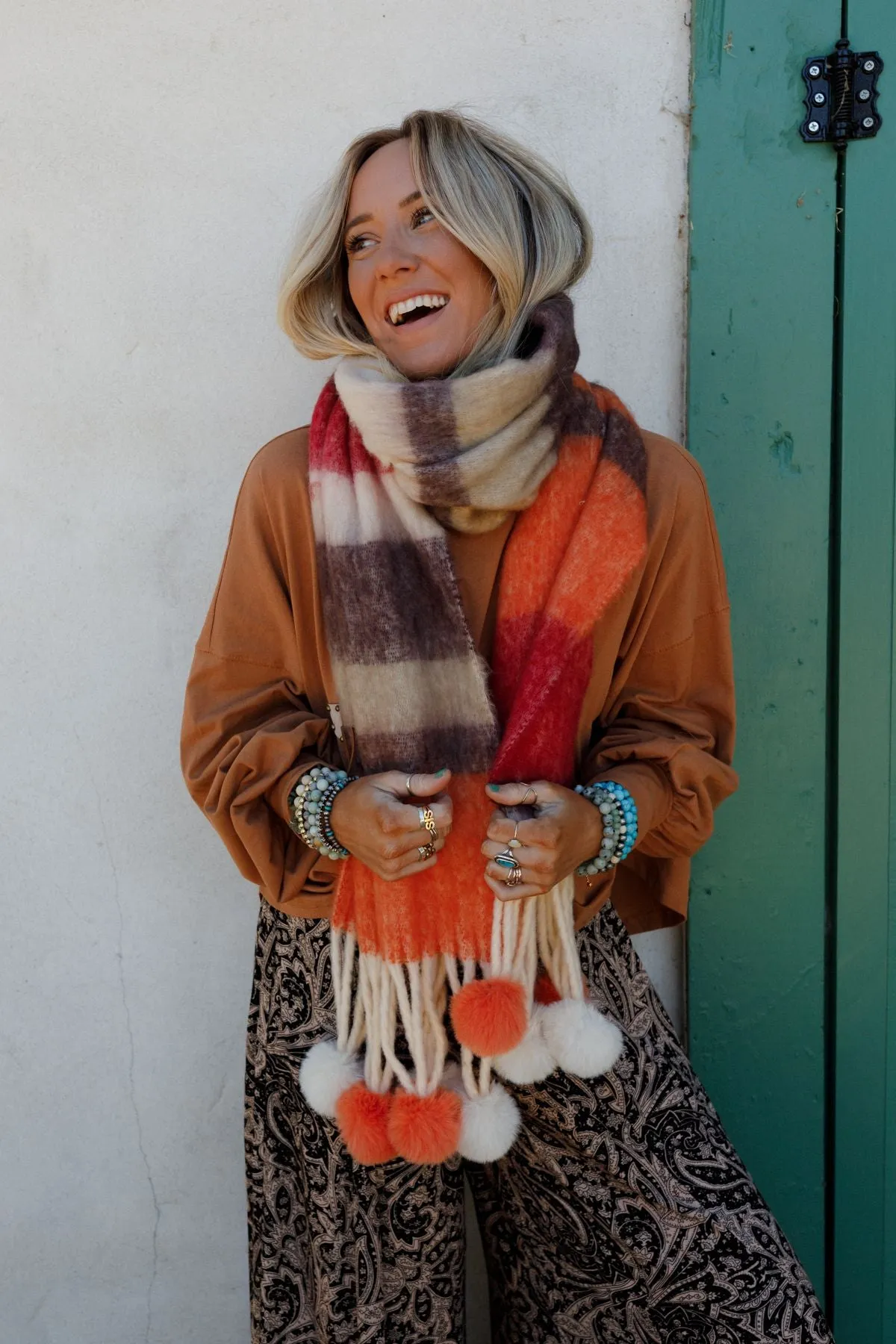 Chill Stripe Pom Scarf - Orange