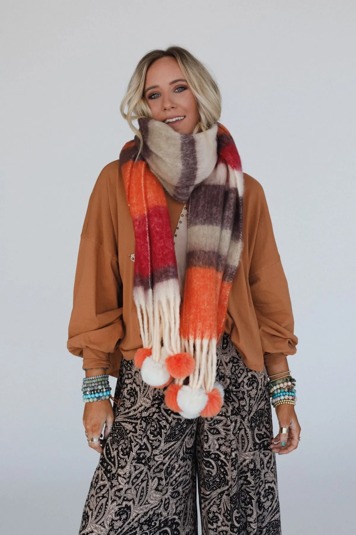 Chill Stripe Pom Scarf - Orange