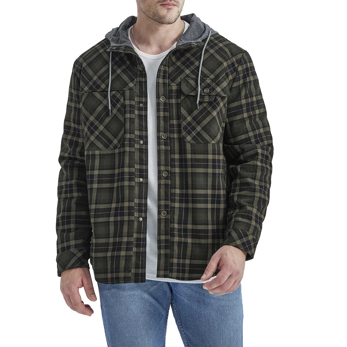 Cloudstyle Mens Hooded Jacket Plaid Single-Breasted Warm Winter Coat