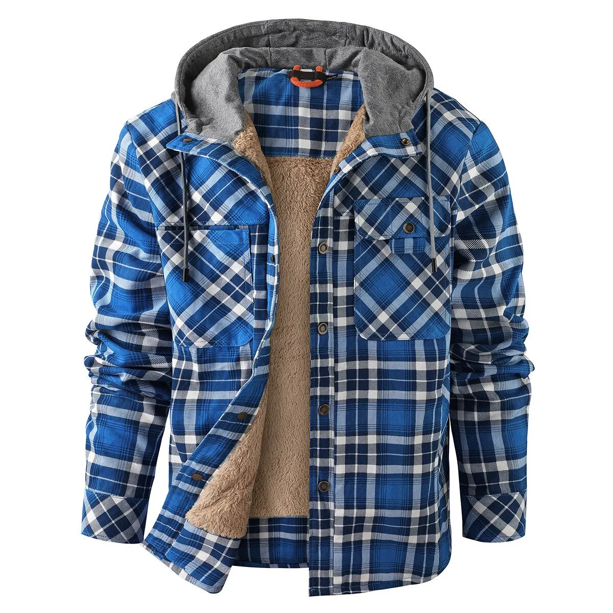 Cloudstyle Mens Hooded Jacket Plaid Single-Breasted Warm Winter Coat