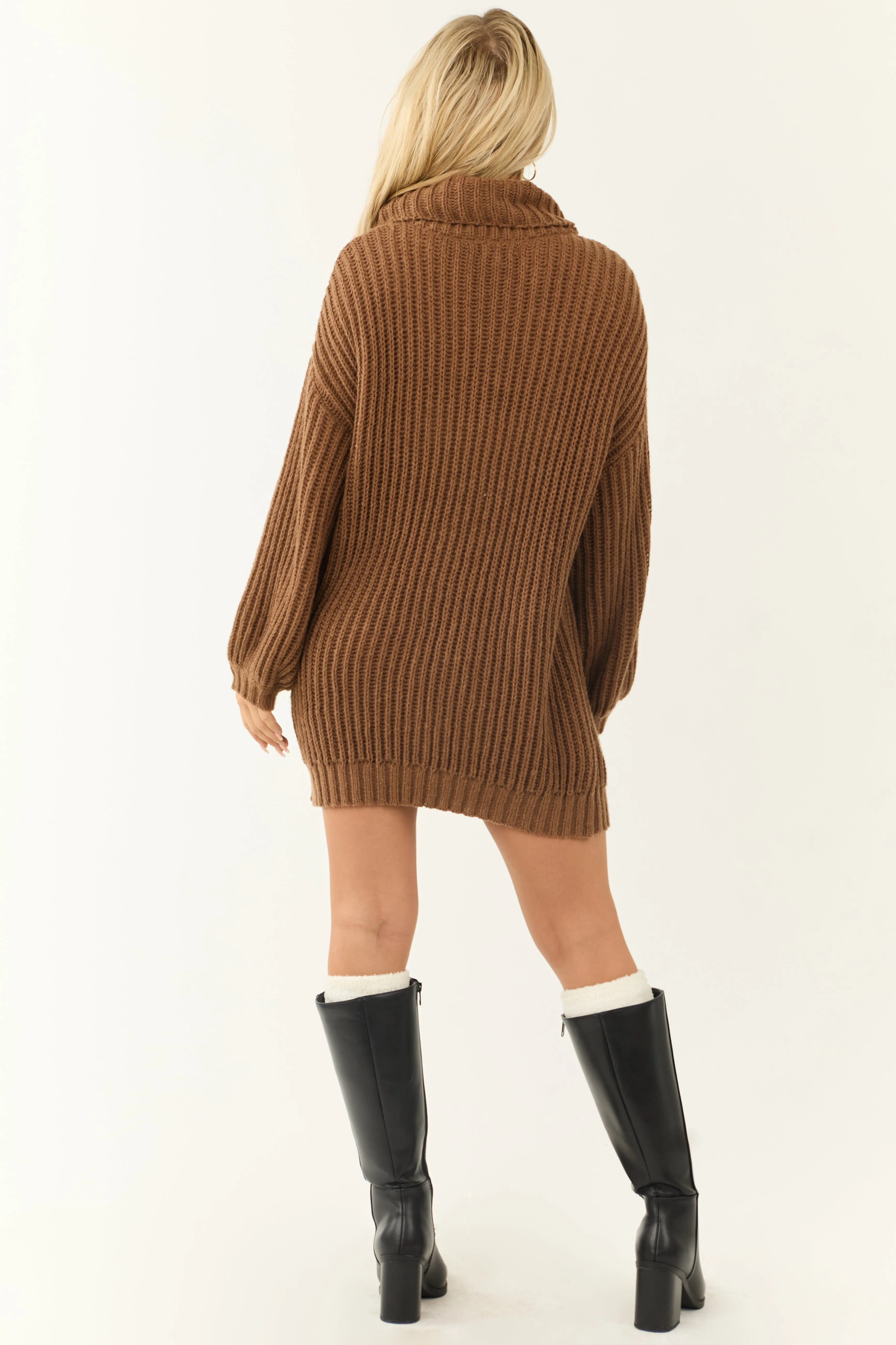 Cognac Chunky Ribbed Knit Turtleneck Tunic Sweater