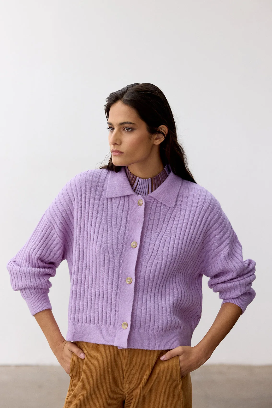 Collared Ribbed Cardigan Baby Alpaca - Lavanda