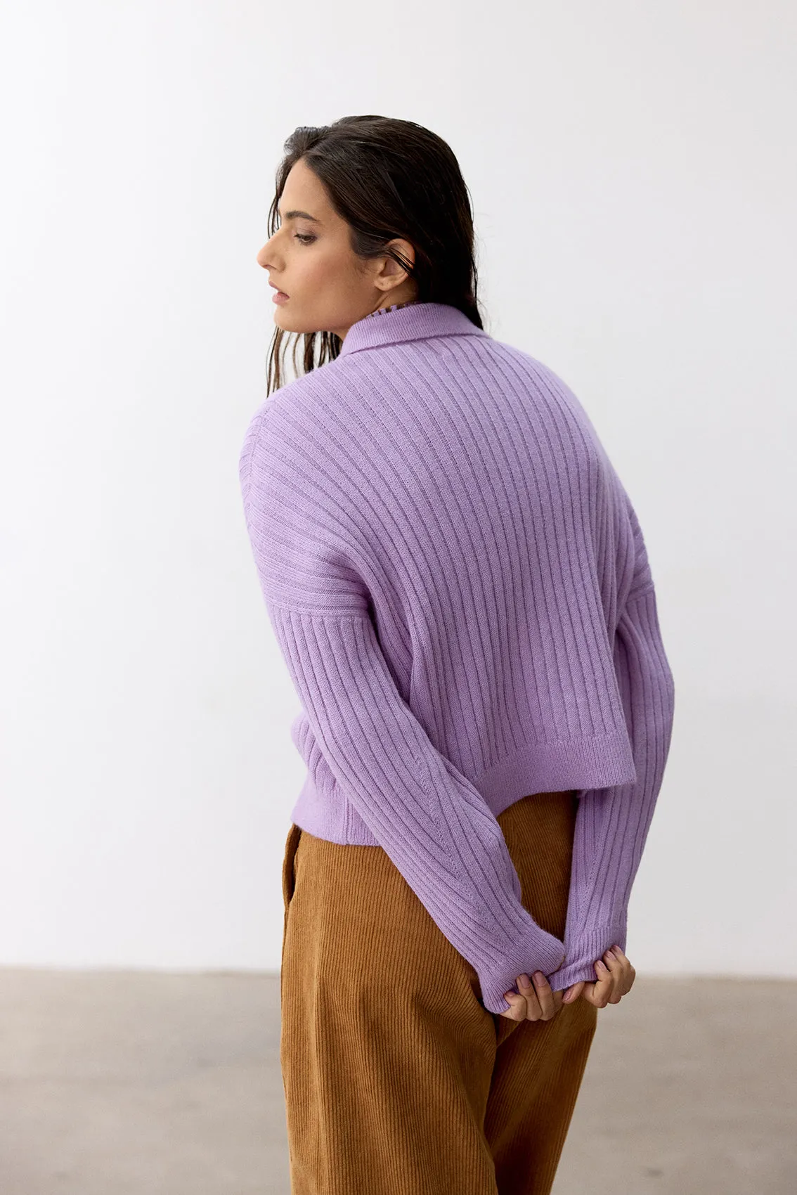 Collared Ribbed Cardigan Baby Alpaca - Lavanda