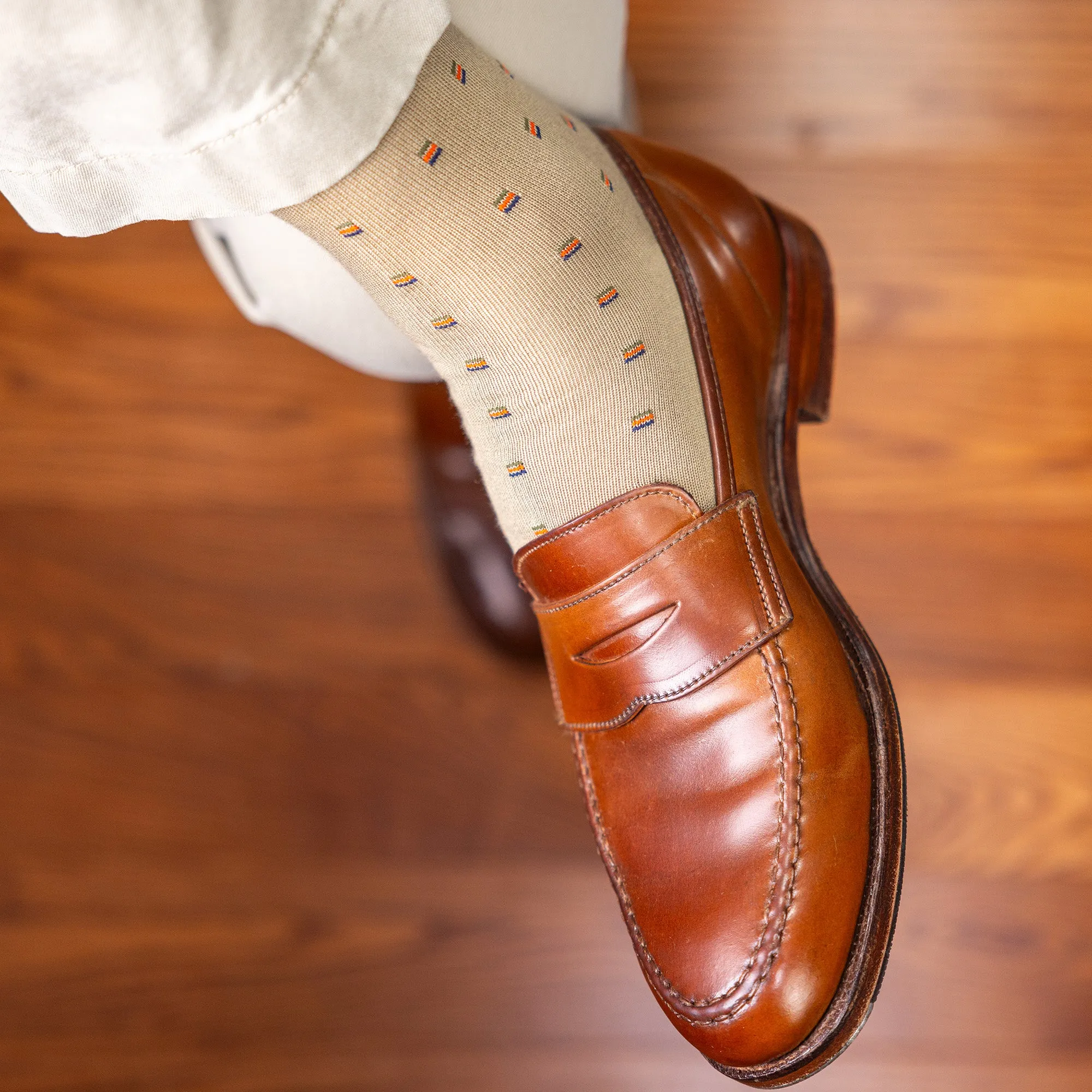 Colorful Square Knots on Khaki Cotton Mid Calf Dress Socks