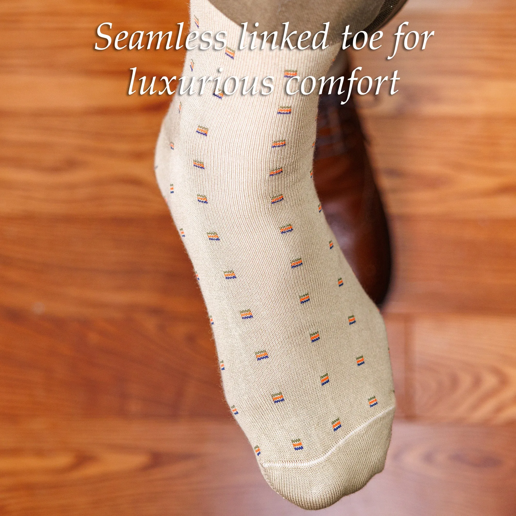 Colorful Square Knots on Khaki Cotton Over the Calf Dress Socks