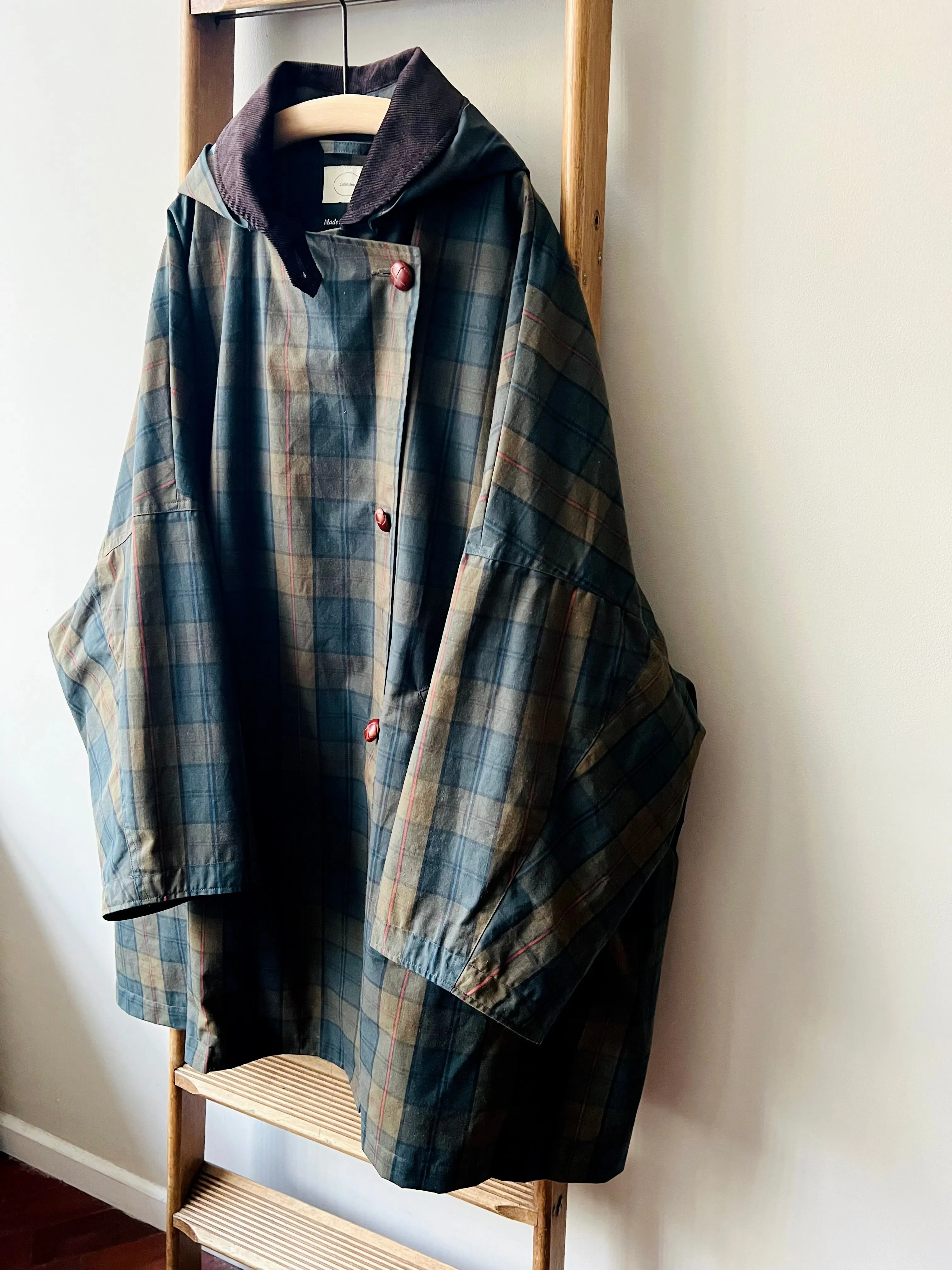 Cotton Wax Poncho Rain Coat / Dark Khaki Tartan