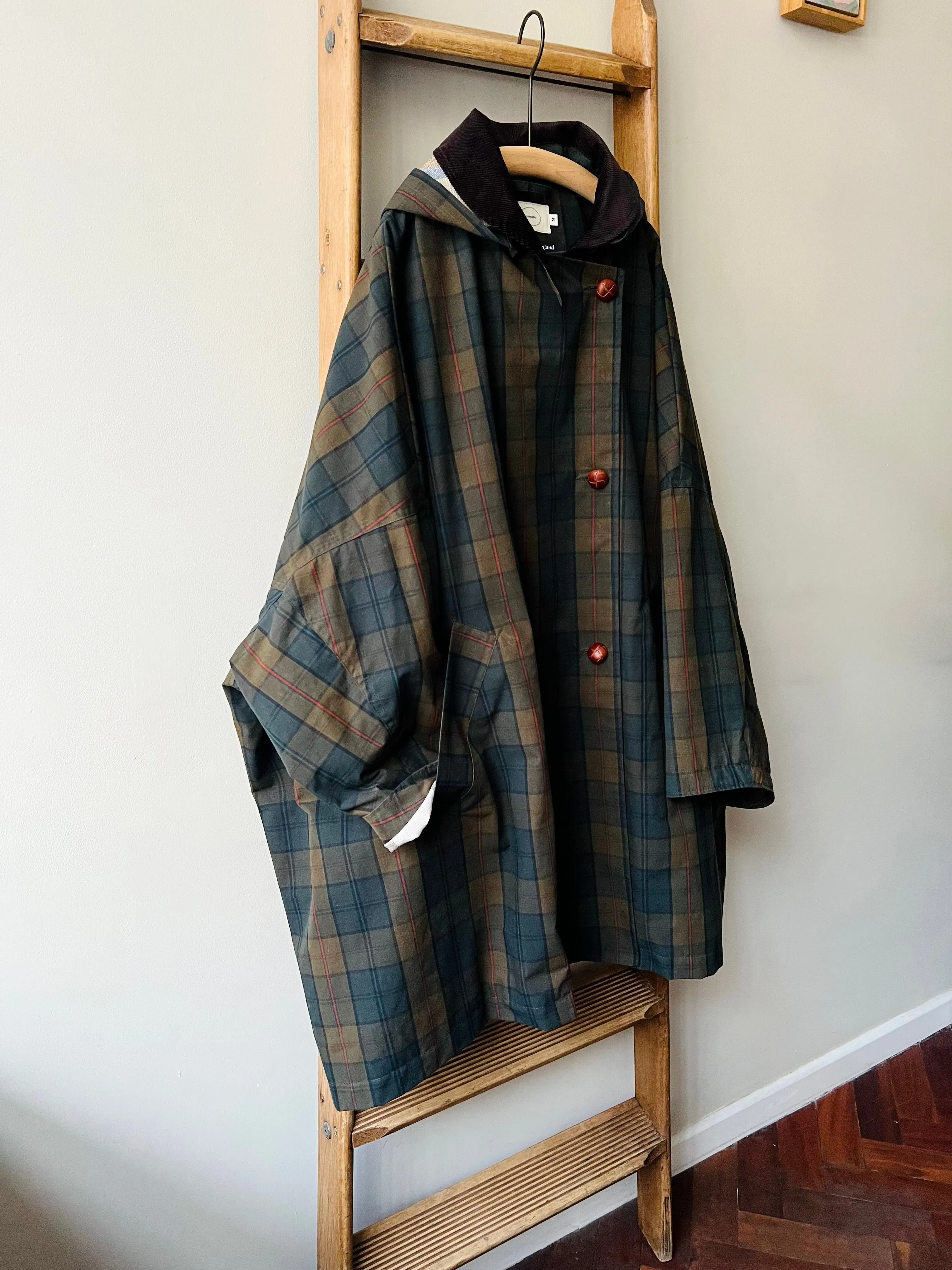 Cotton Wax Poncho Rain Coat / Dark Khaki Tartan