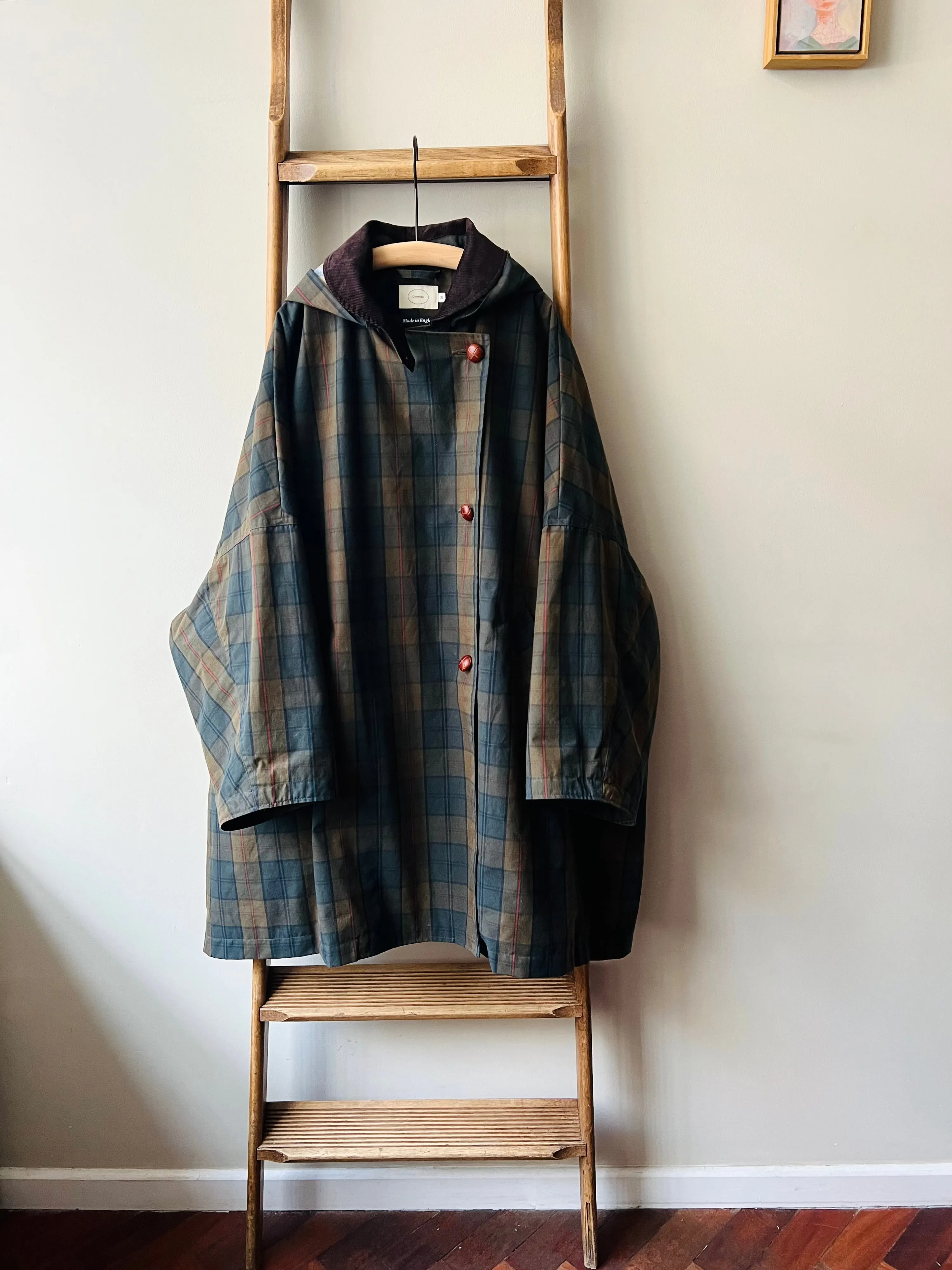 Cotton Wax Poncho Rain Coat / Dark Khaki Tartan