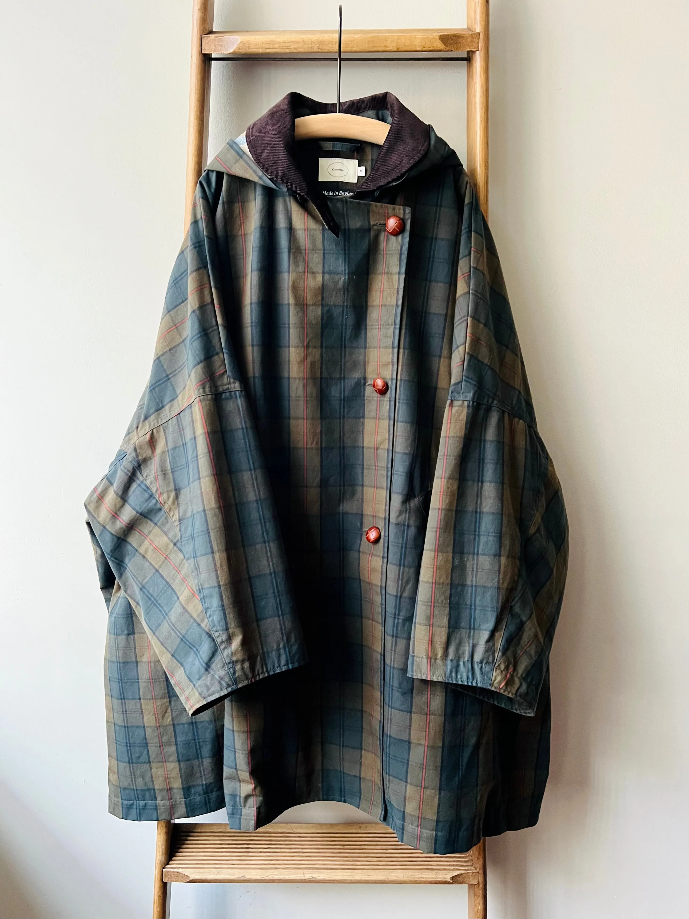 Cotton Wax Poncho Rain Coat / Dark Khaki Tartan