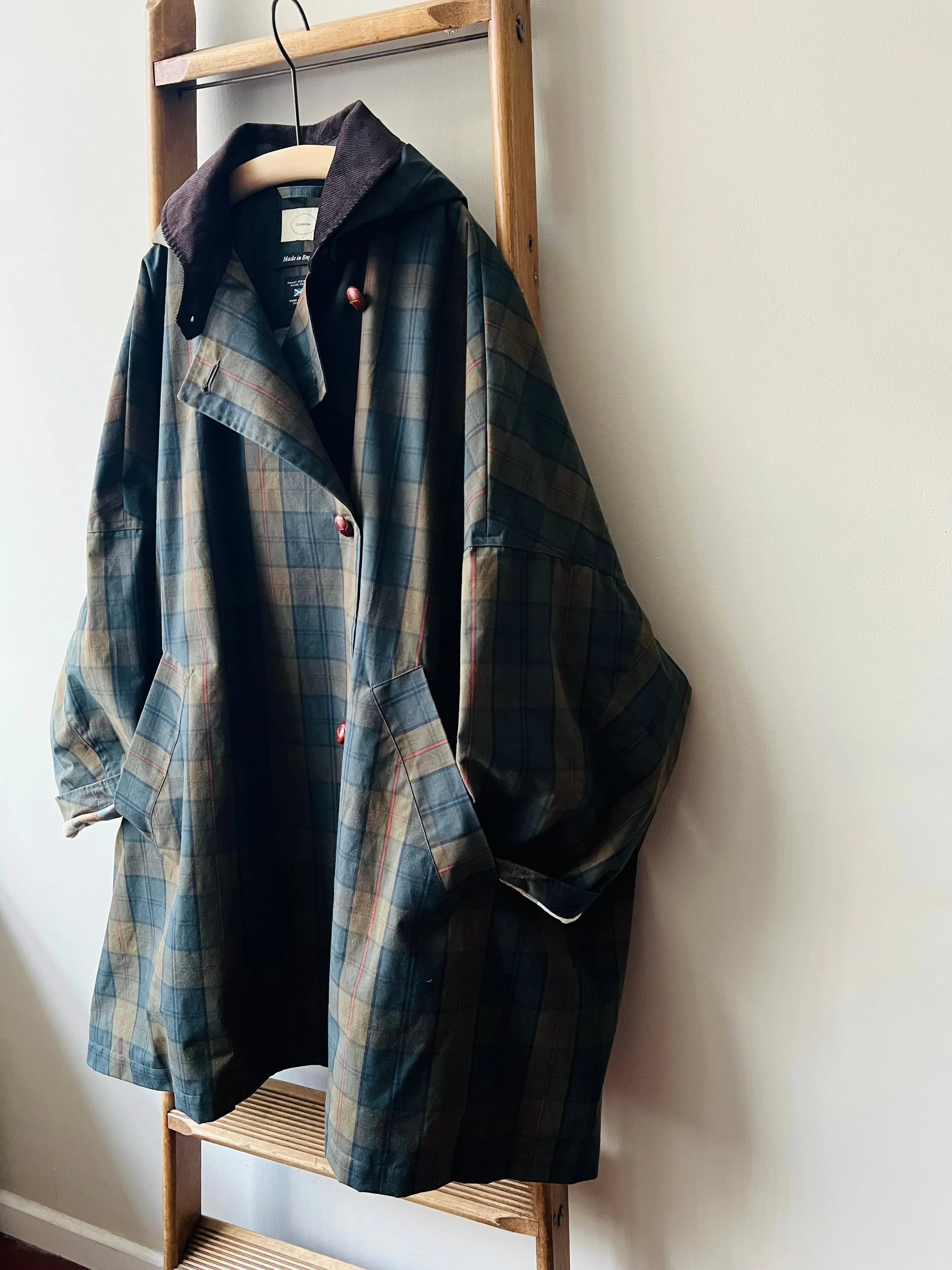 Cotton Wax Poncho Rain Coat / Dark Khaki Tartan