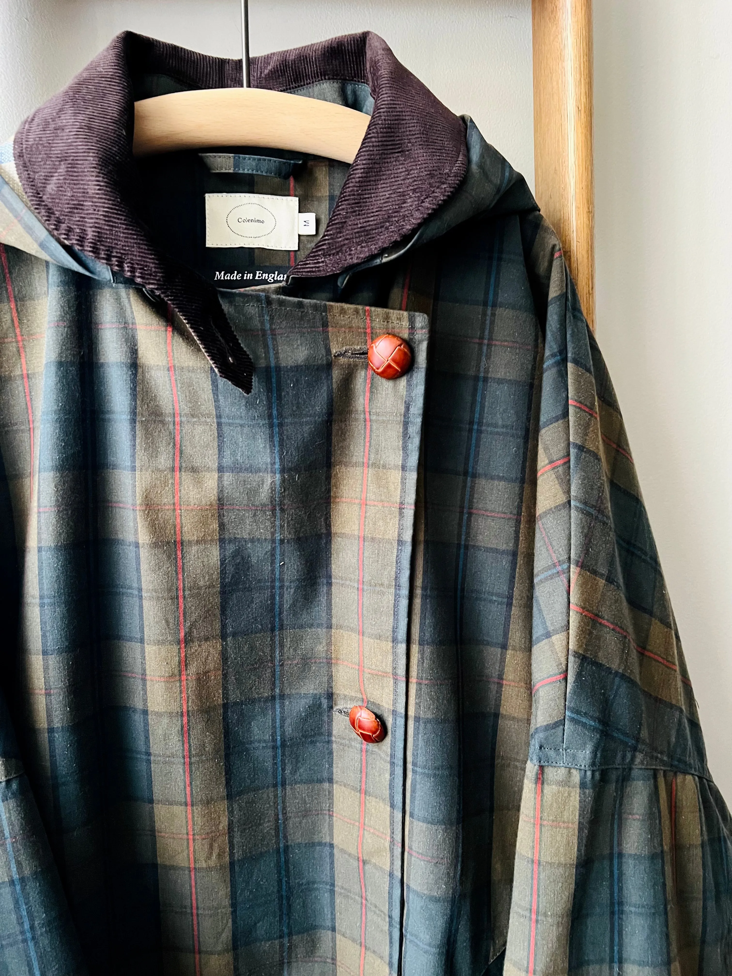 Cotton Wax Poncho Rain Coat / Dark Khaki Tartan