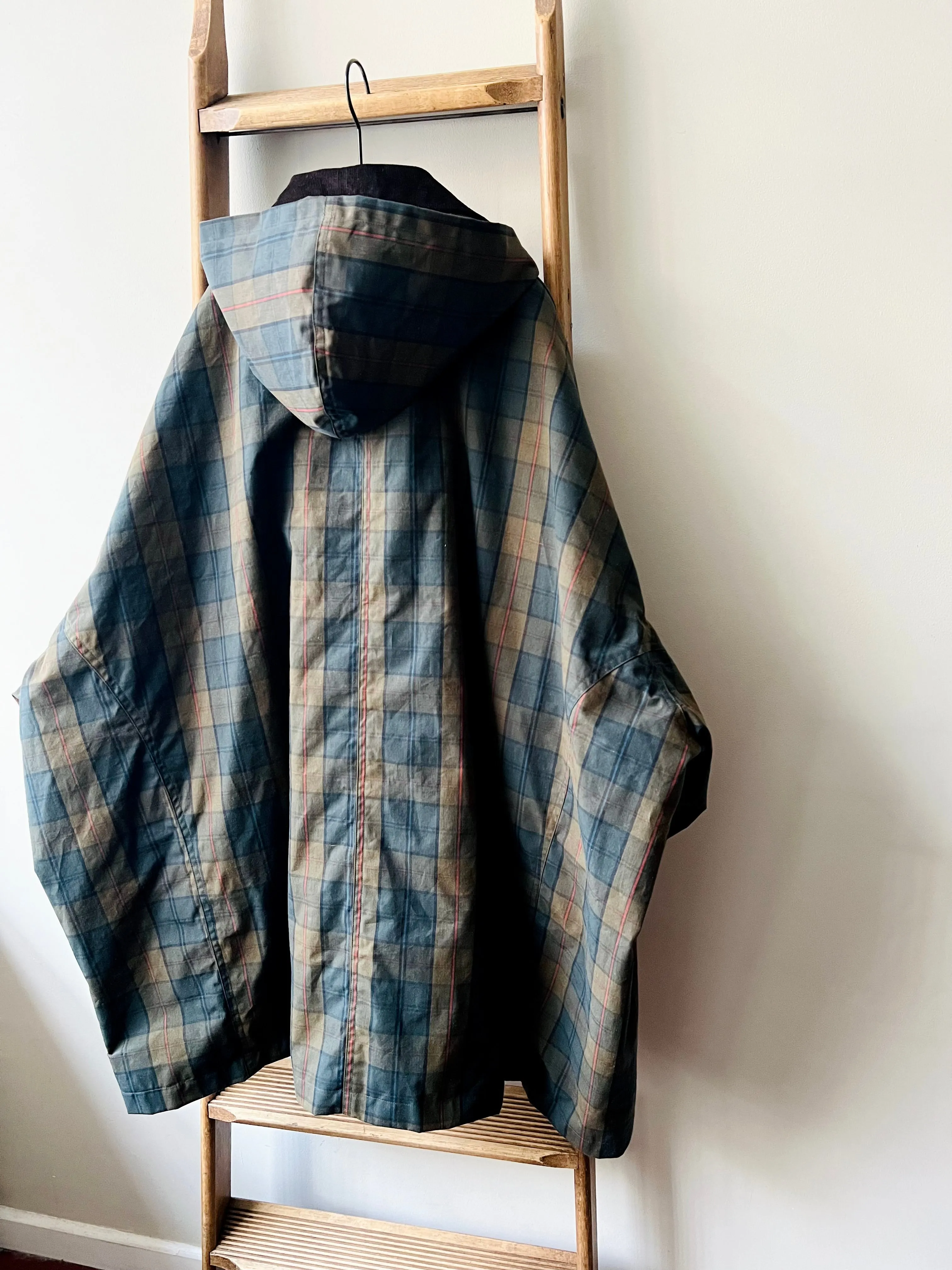 Cotton Wax Poncho Rain Coat / Dark Khaki Tartan