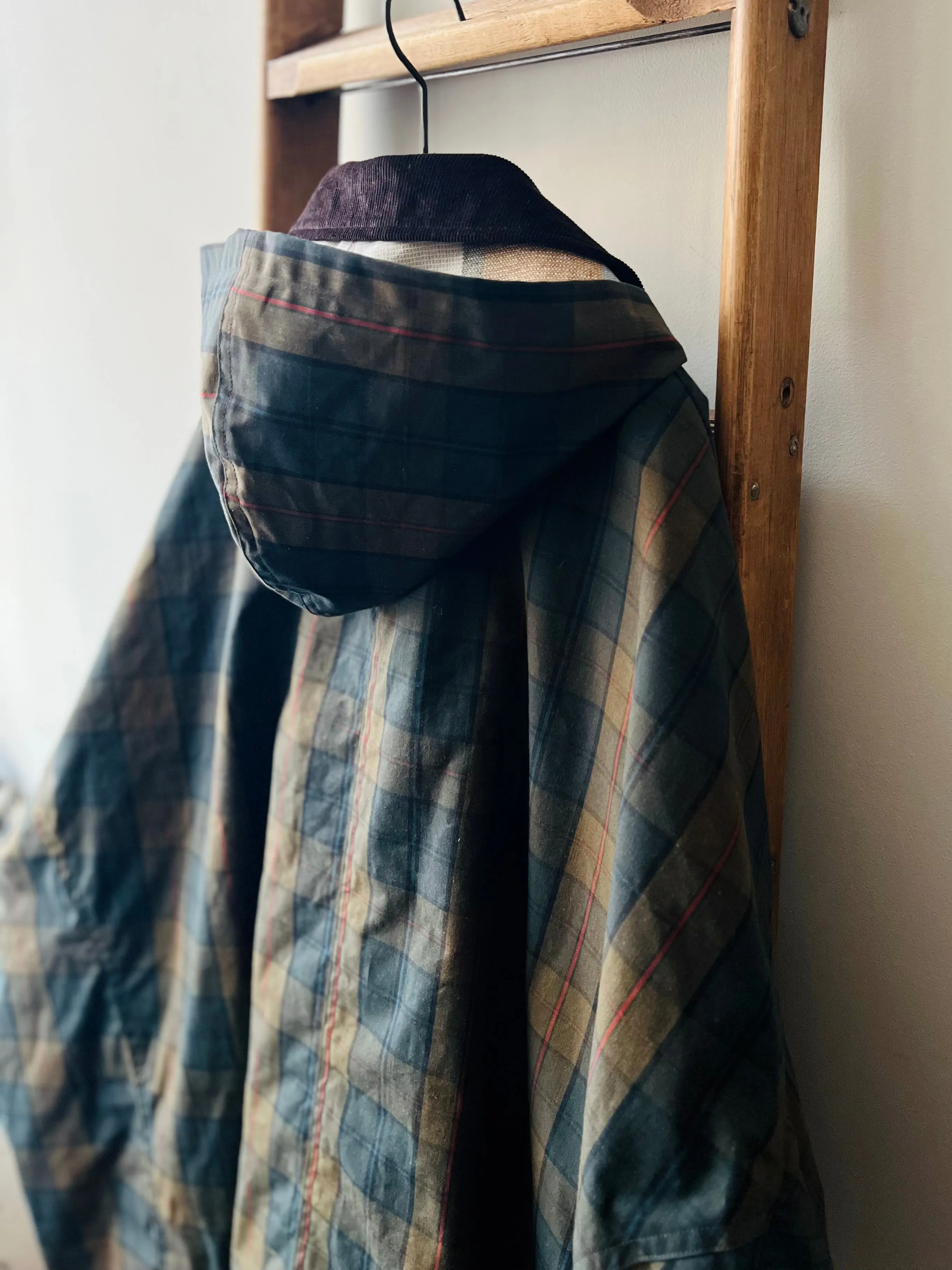 Cotton Wax Poncho Rain Coat / Dark Khaki Tartan