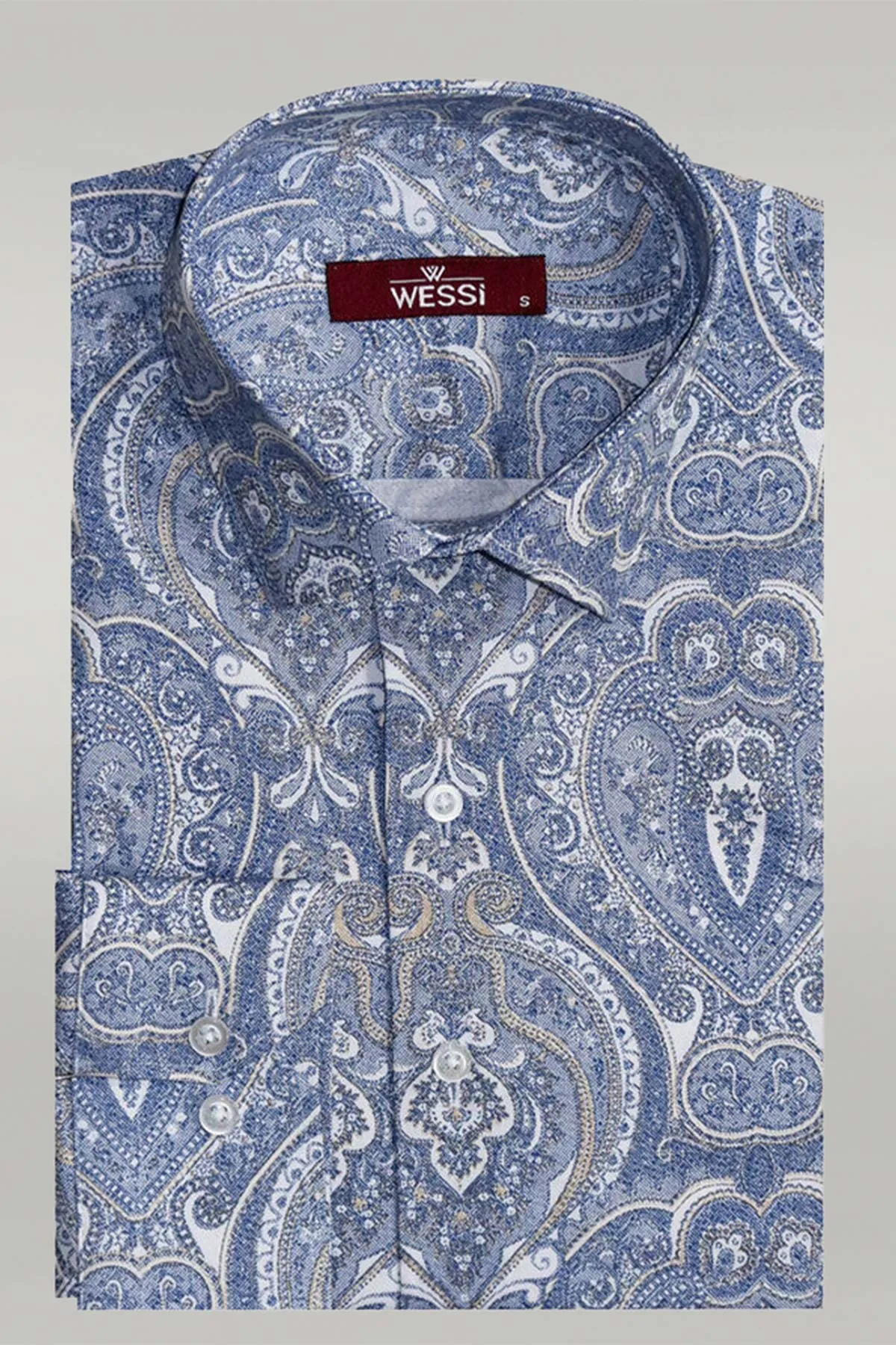 Damask Pattern Slim Fit Long Sleeves Blue Men Shirt - Wessi