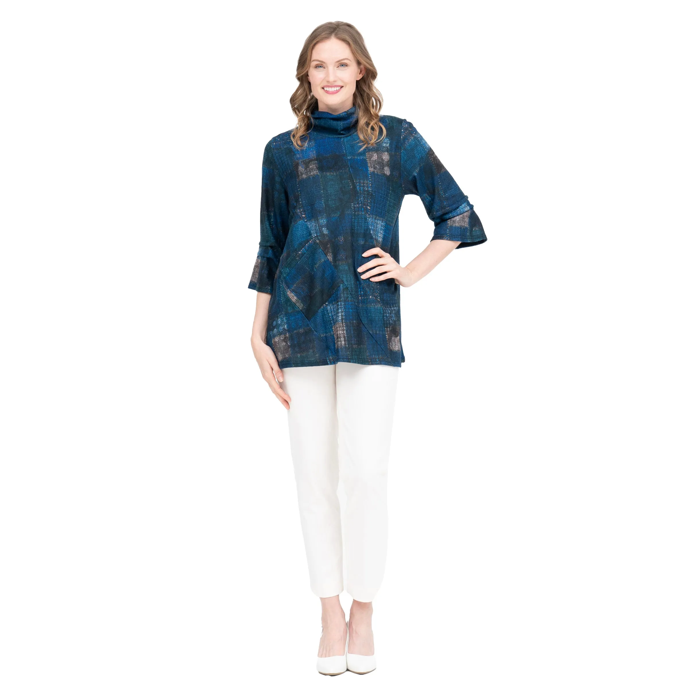 Damee Multi Plaid Sweater Knit Tunic in Blue/Beige - 9217