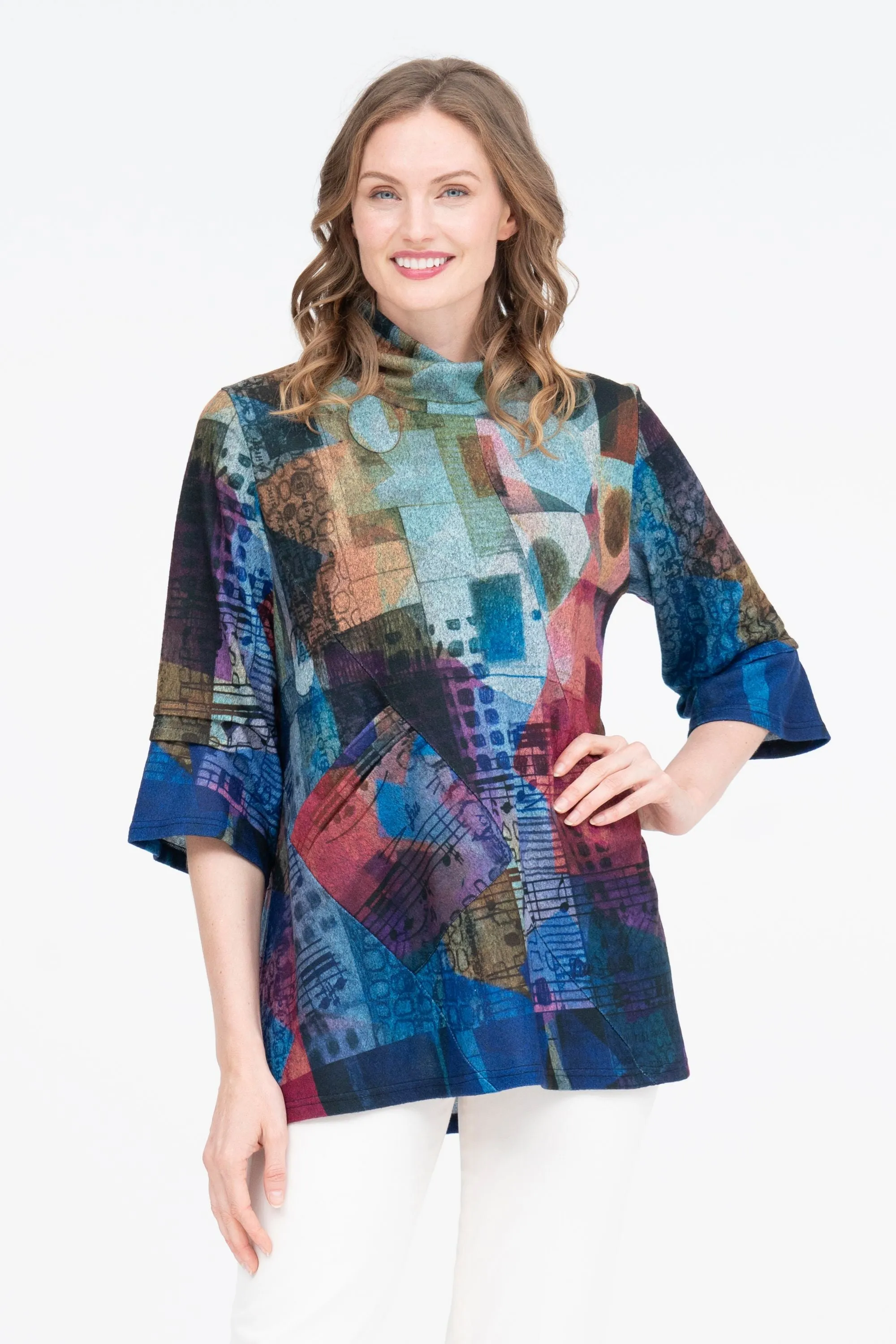 Damee Musical Notes Sweater Knit Tunic in Blue/Multi - 9218