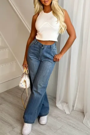 Denim Daze Mid Blue Wide Leg Jeans With Elasticated Back Waistband