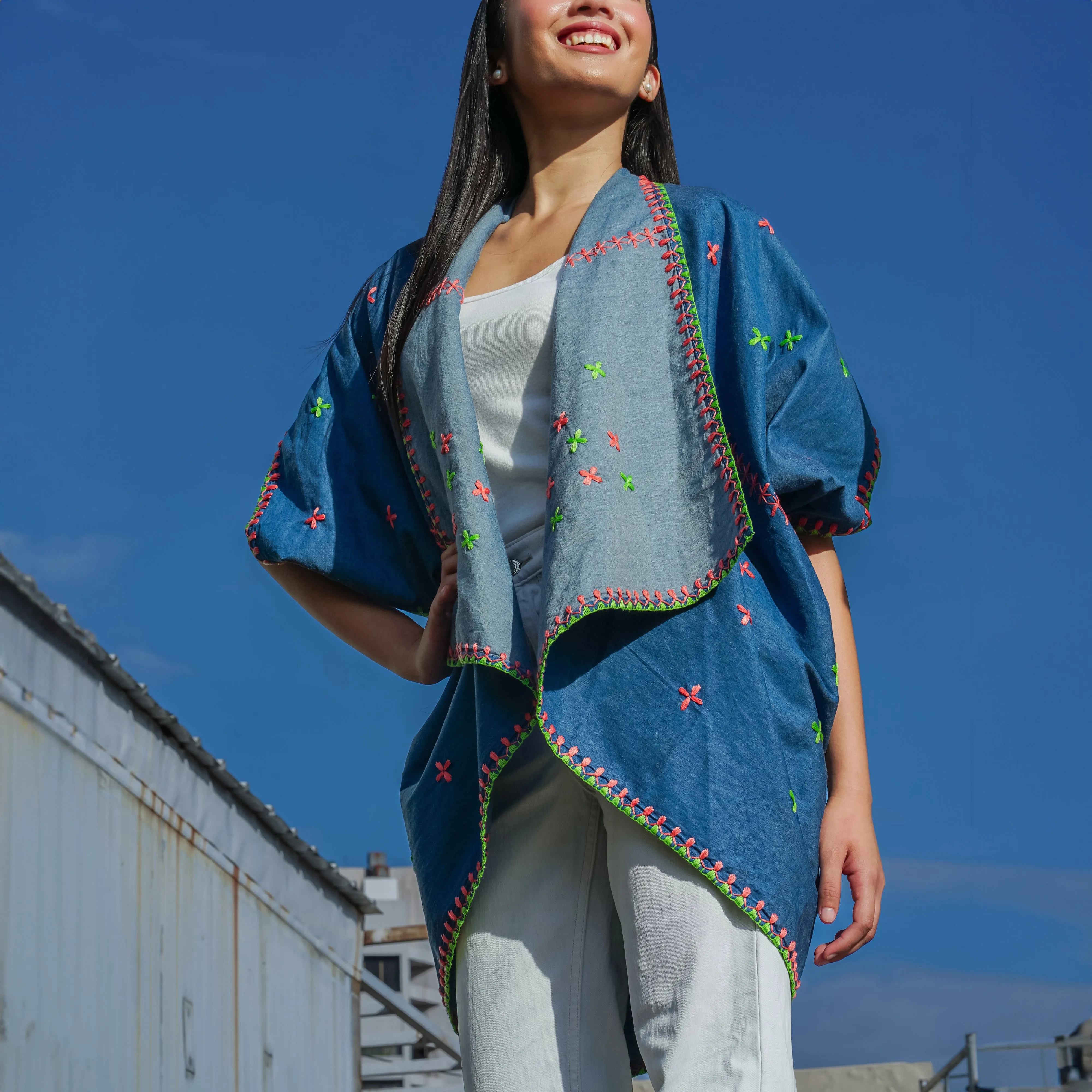 Denim Itneg Colored Embroidered Poncho