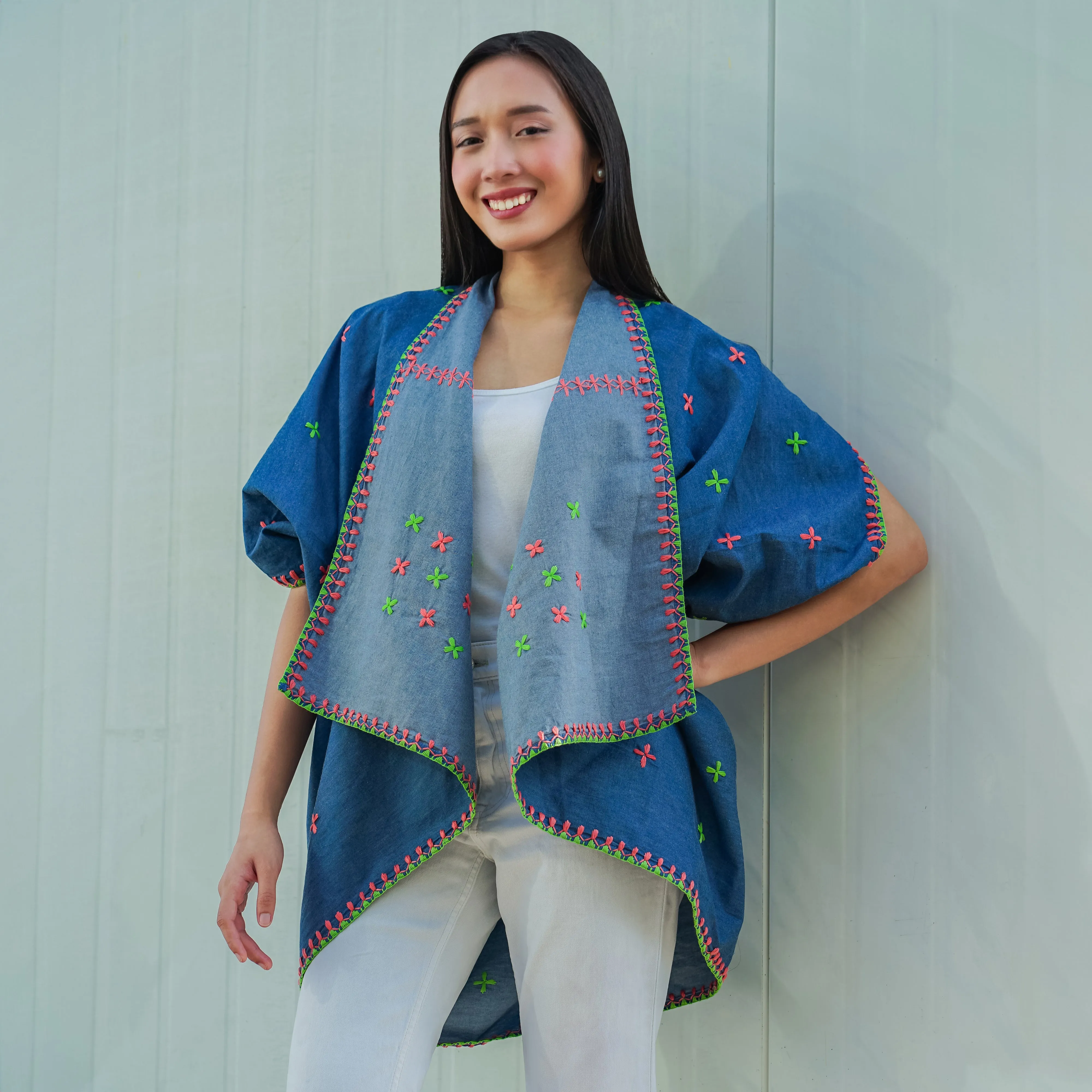 Denim Itneg Colored Embroidered Poncho