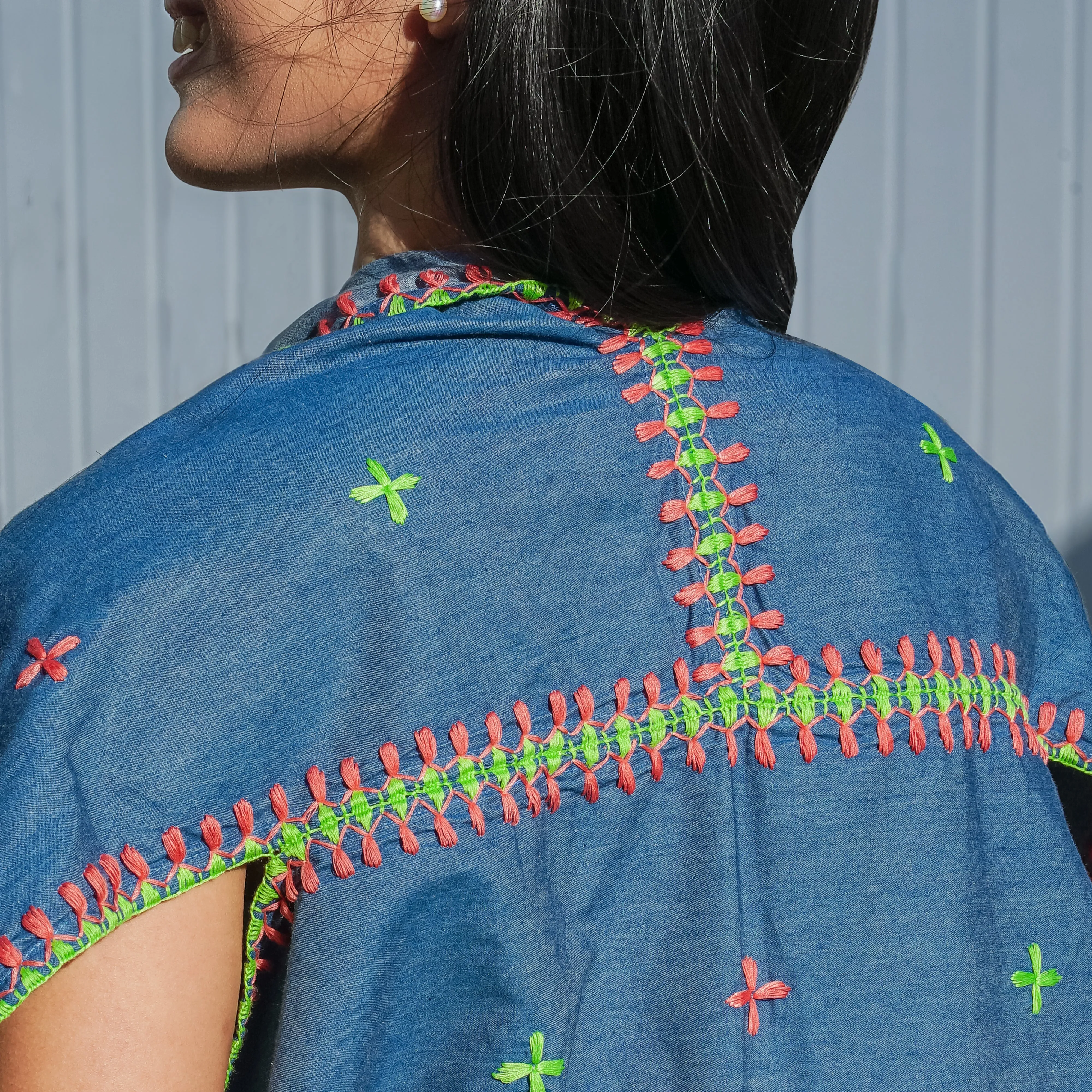 Denim Itneg Colored Embroidered Poncho