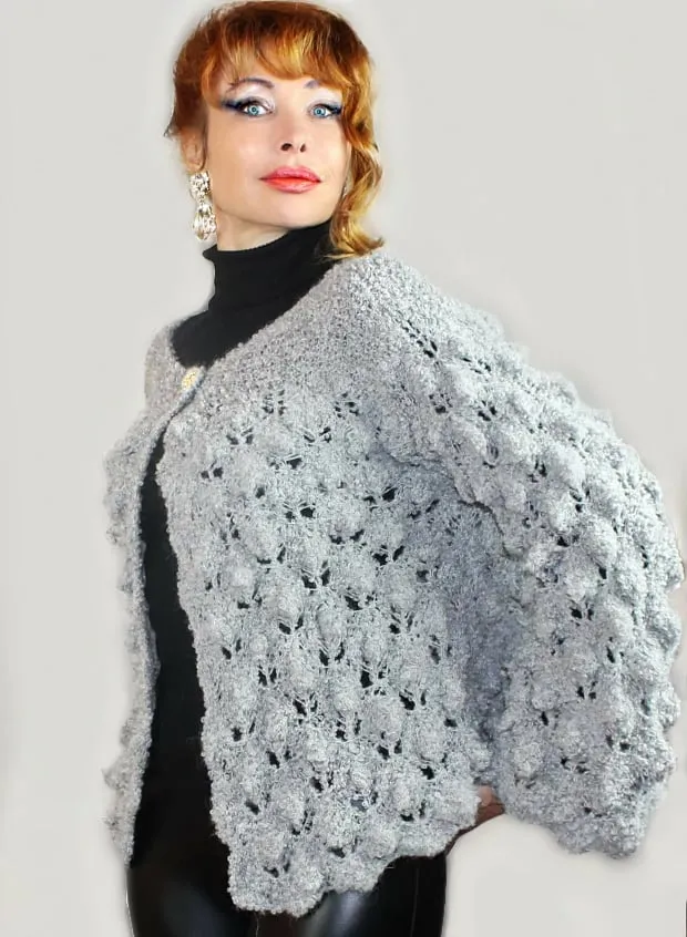 Designer Bouclé Gray Elegant Hand knit women's Alpaca Cardigan