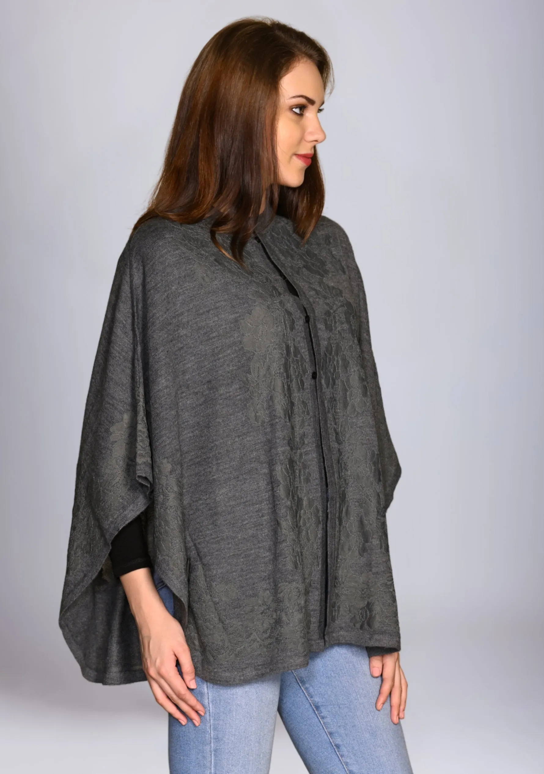 Dk. Grey Melange Knitted Fine Wool Collared Cape with Dk. Grey Floral Lace Applique