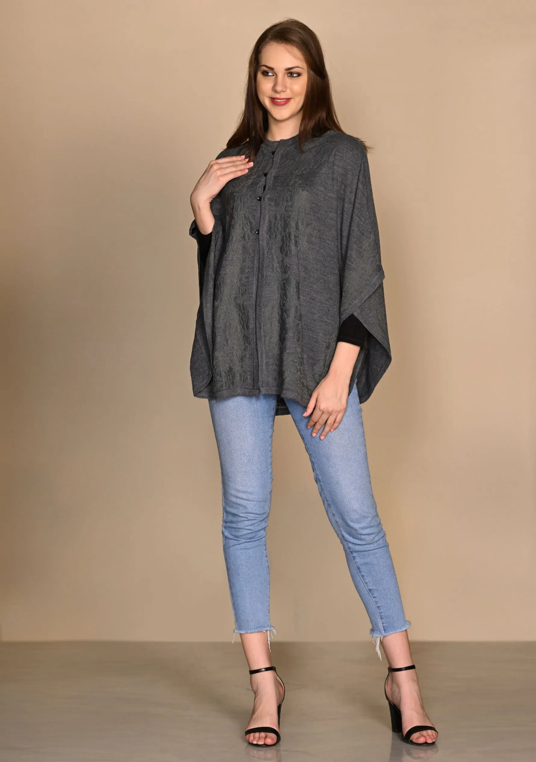 Dk. Grey Melange Knitted Fine Wool Collared Cape with Dk. Grey Floral Lace Applique