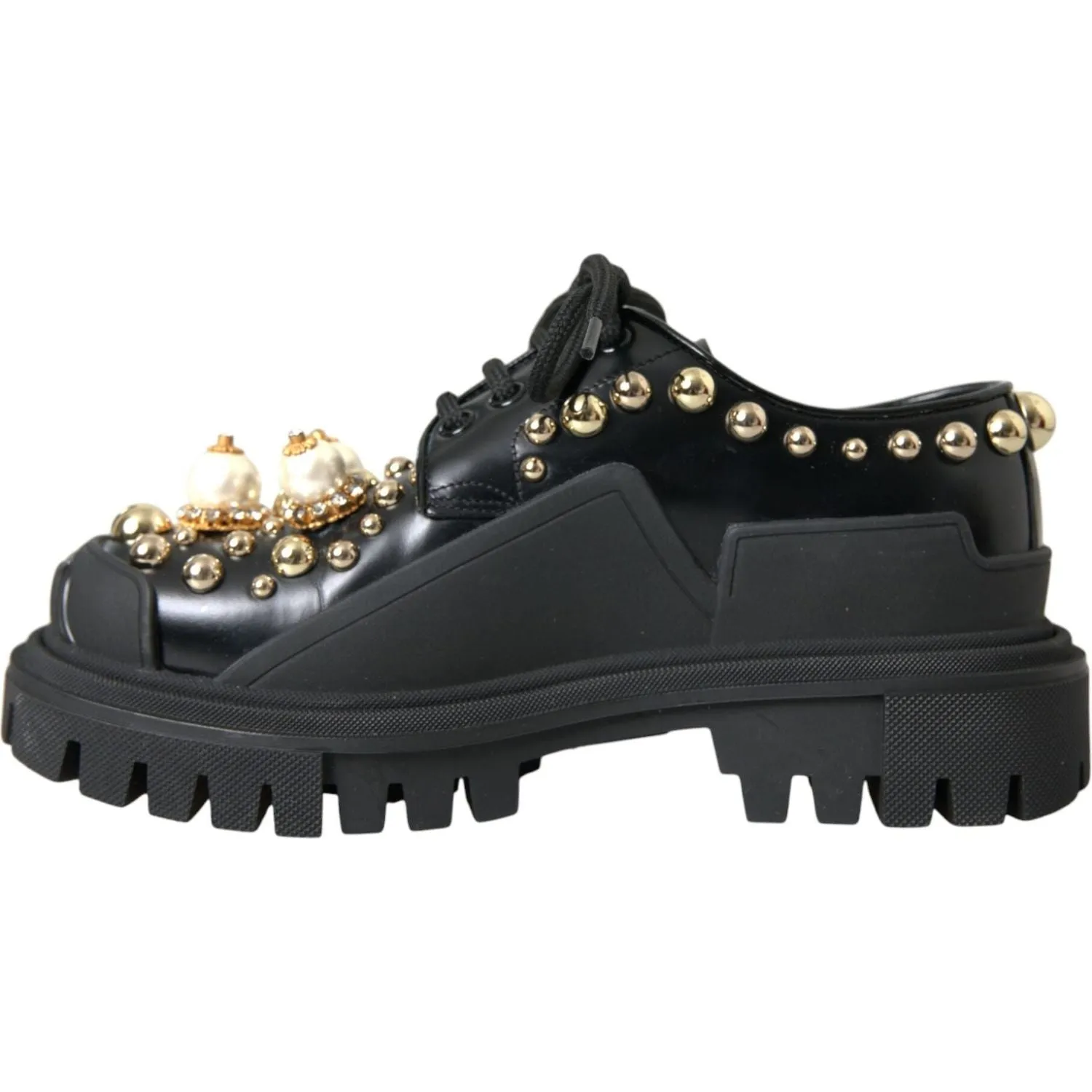 Dolce & Gabbana Black Leather Trekking Derby Embellished Shoes