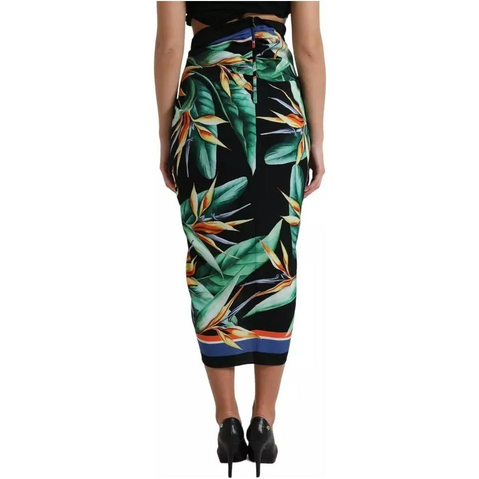 Dolce & Gabbana Black Strelitzia High Waist Wrap Midi Skirt