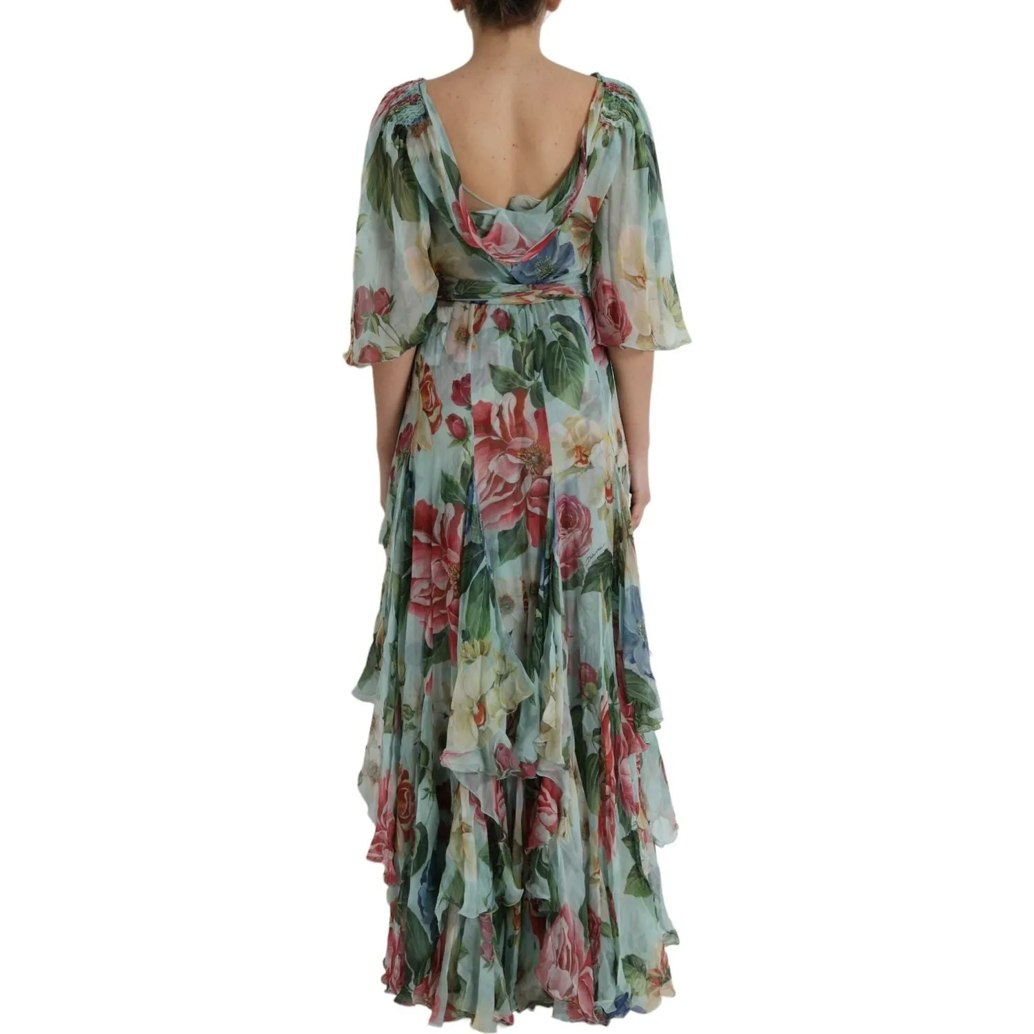 Dolce & Gabbana Blue Floral Print Tiered Long Maxi Dress