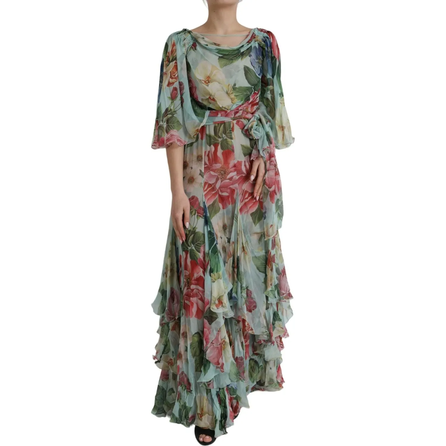 Dolce & Gabbana Blue Floral Print Tiered Long Maxi Dress