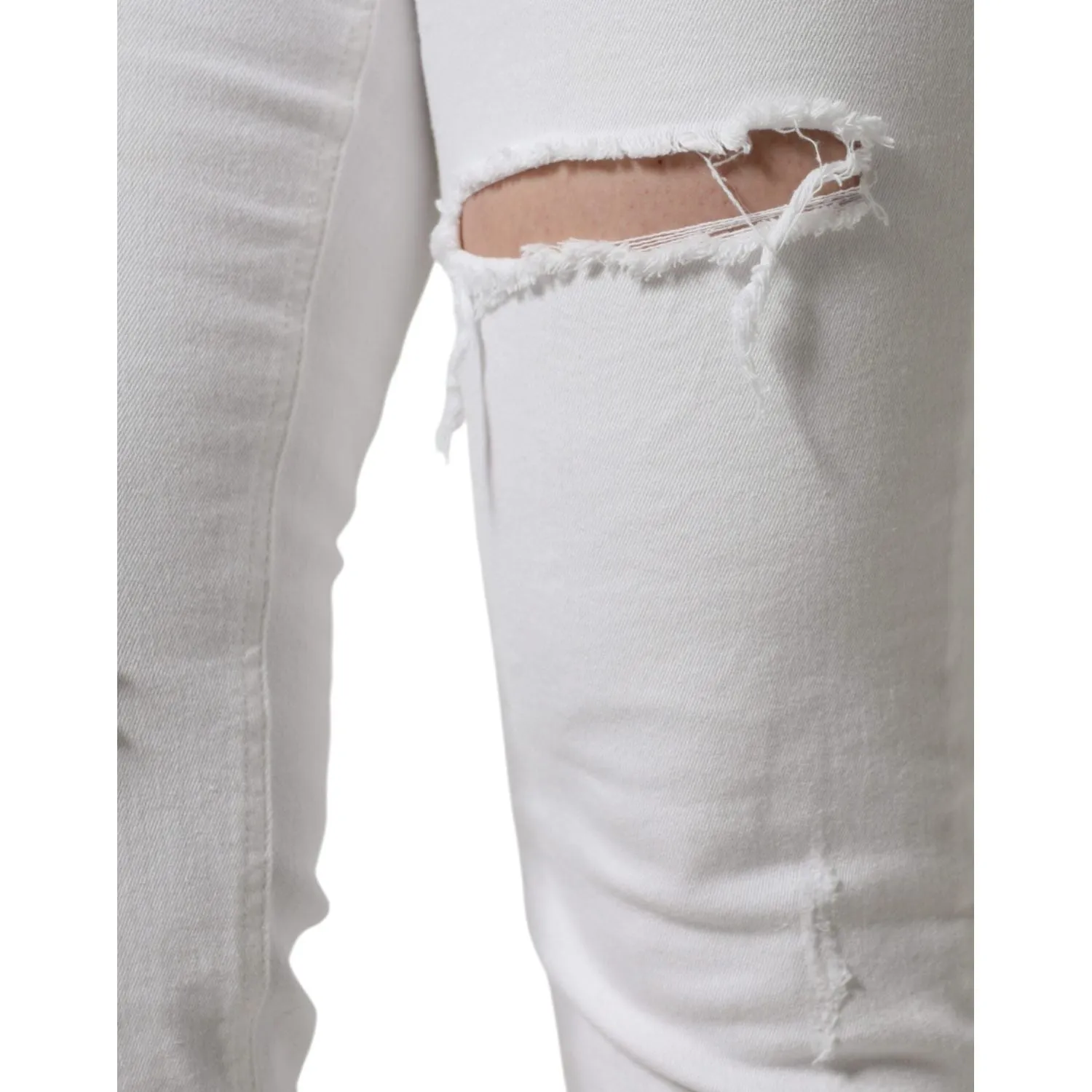 Dolce & Gabbana White Cotton Stretch Tattered Skinny Jeans