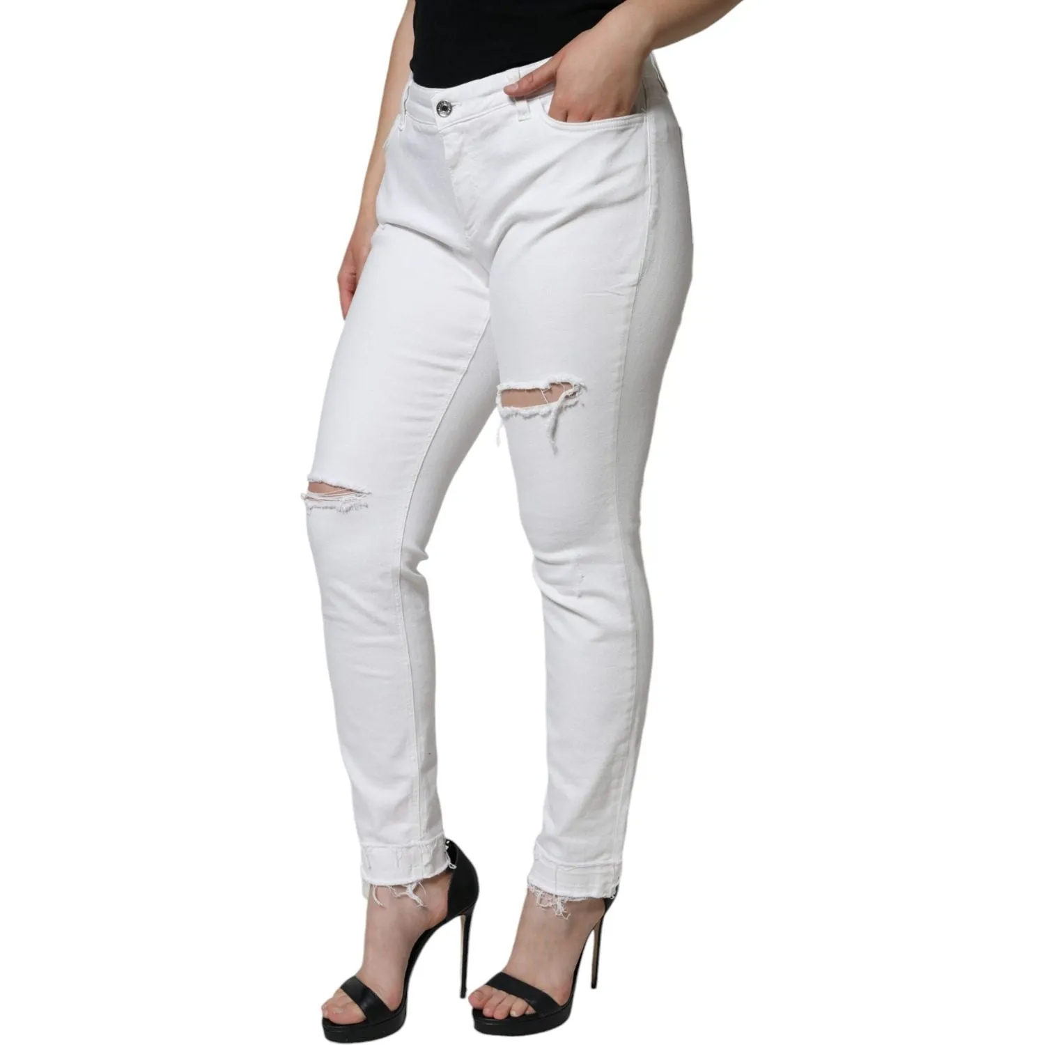 Dolce & Gabbana White Cotton Stretch Tattered Skinny Jeans