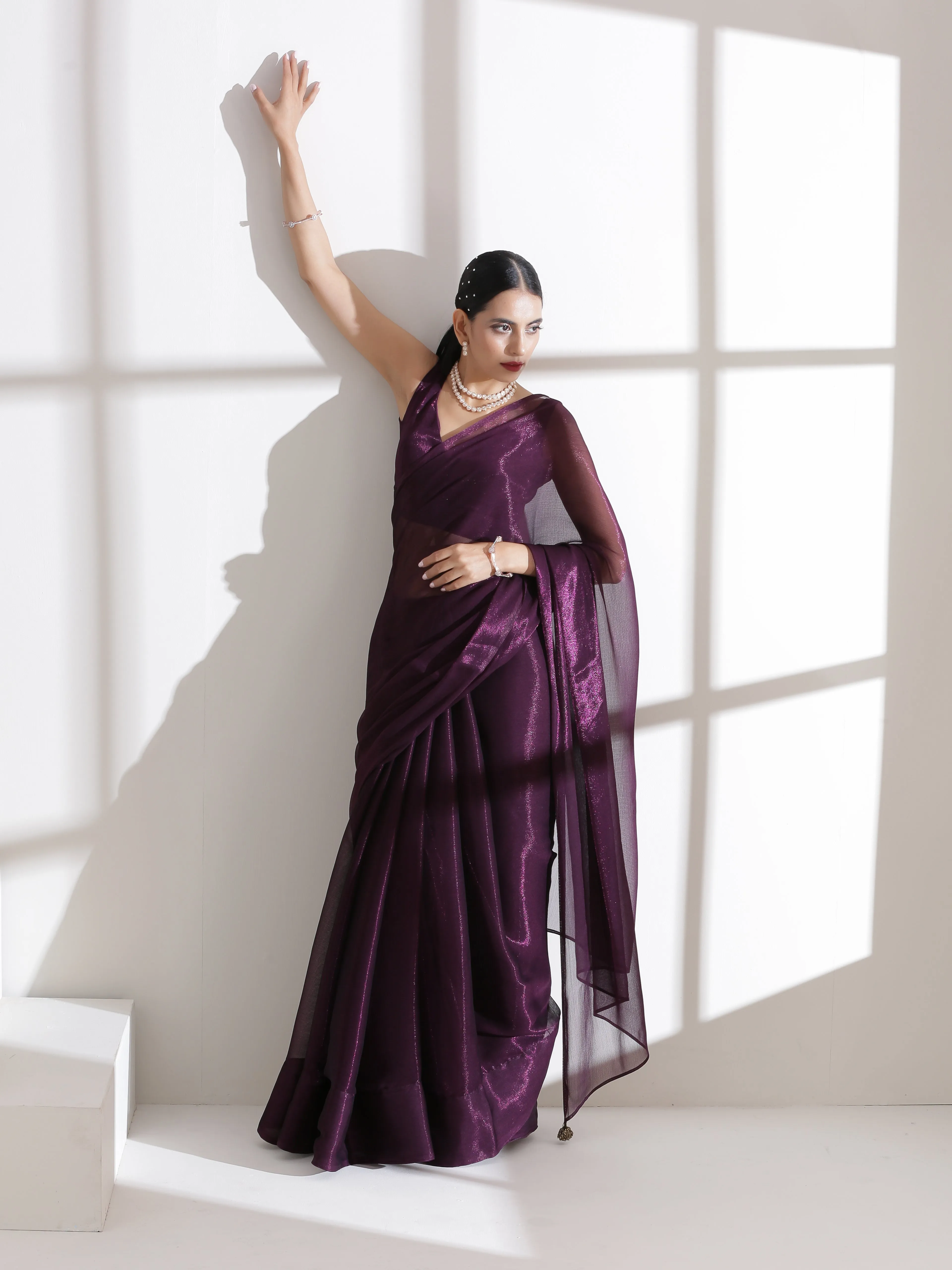 Dual Shade Wine Shimmer Chiffon Saree