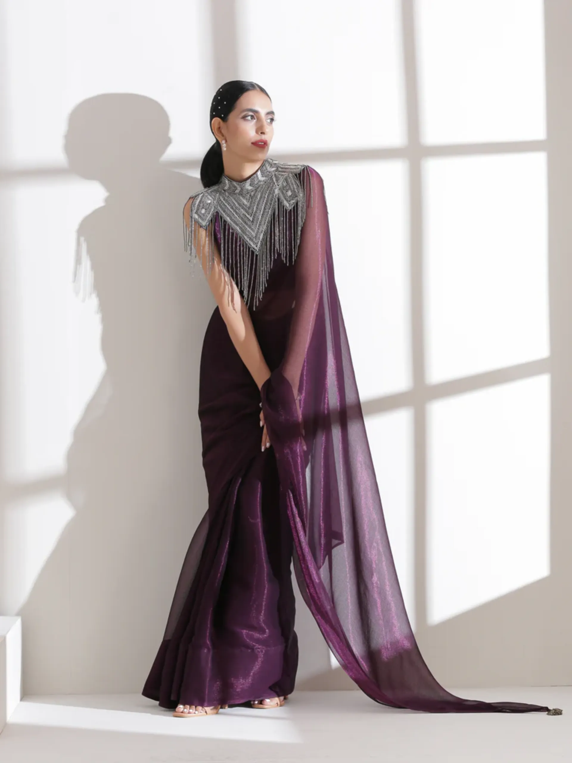 Dual Shade Wine Shimmer Chiffon Saree