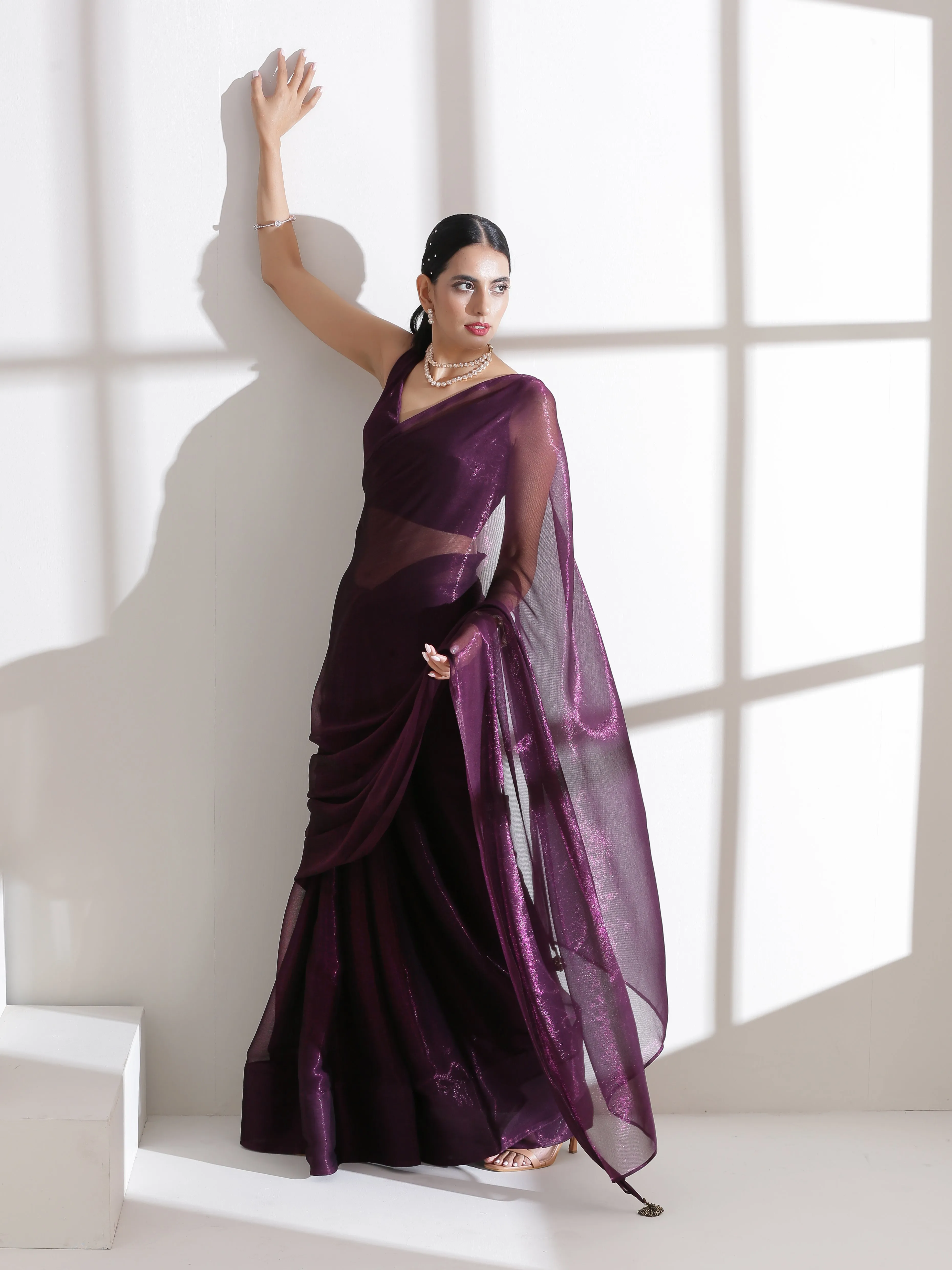 Dual Shade Wine Shimmer Chiffon Saree