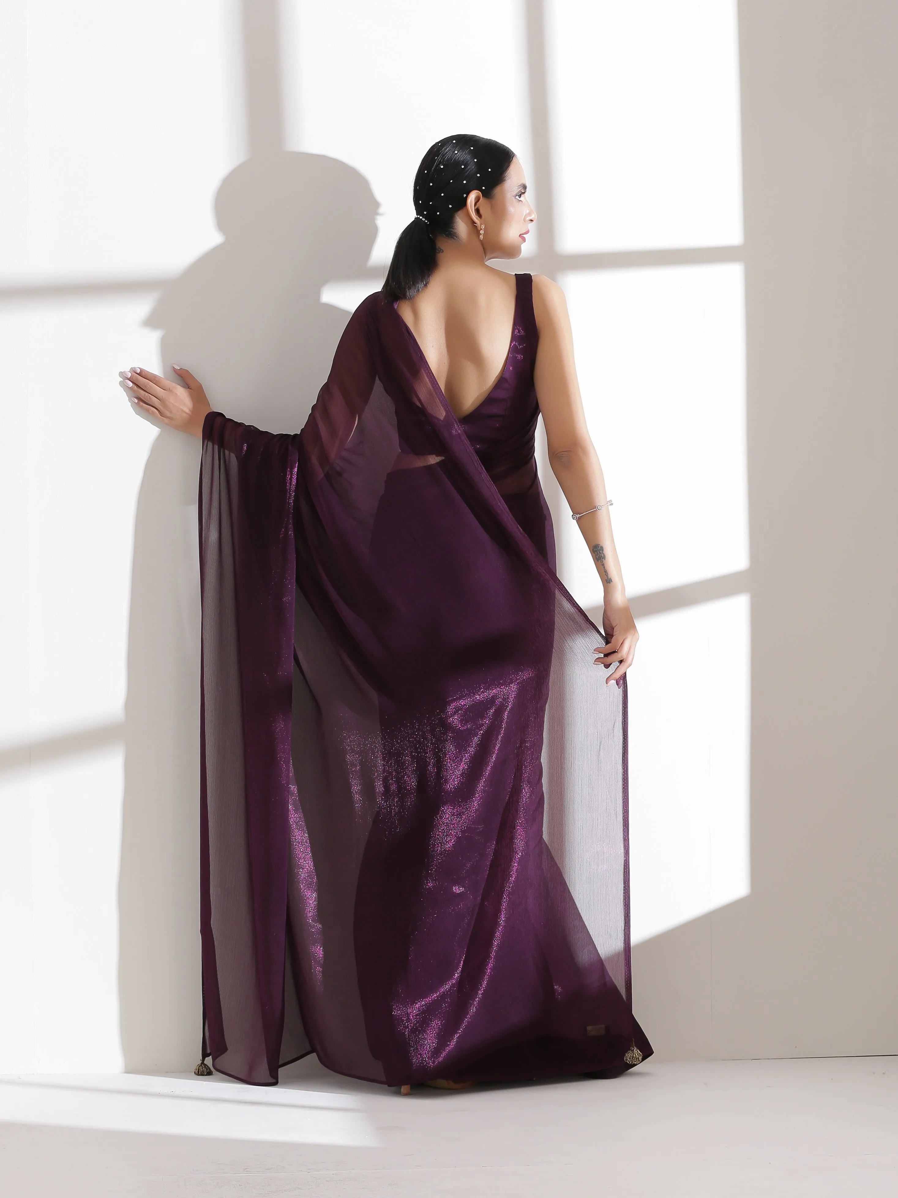 Dual Shade Wine Shimmer Chiffon Saree