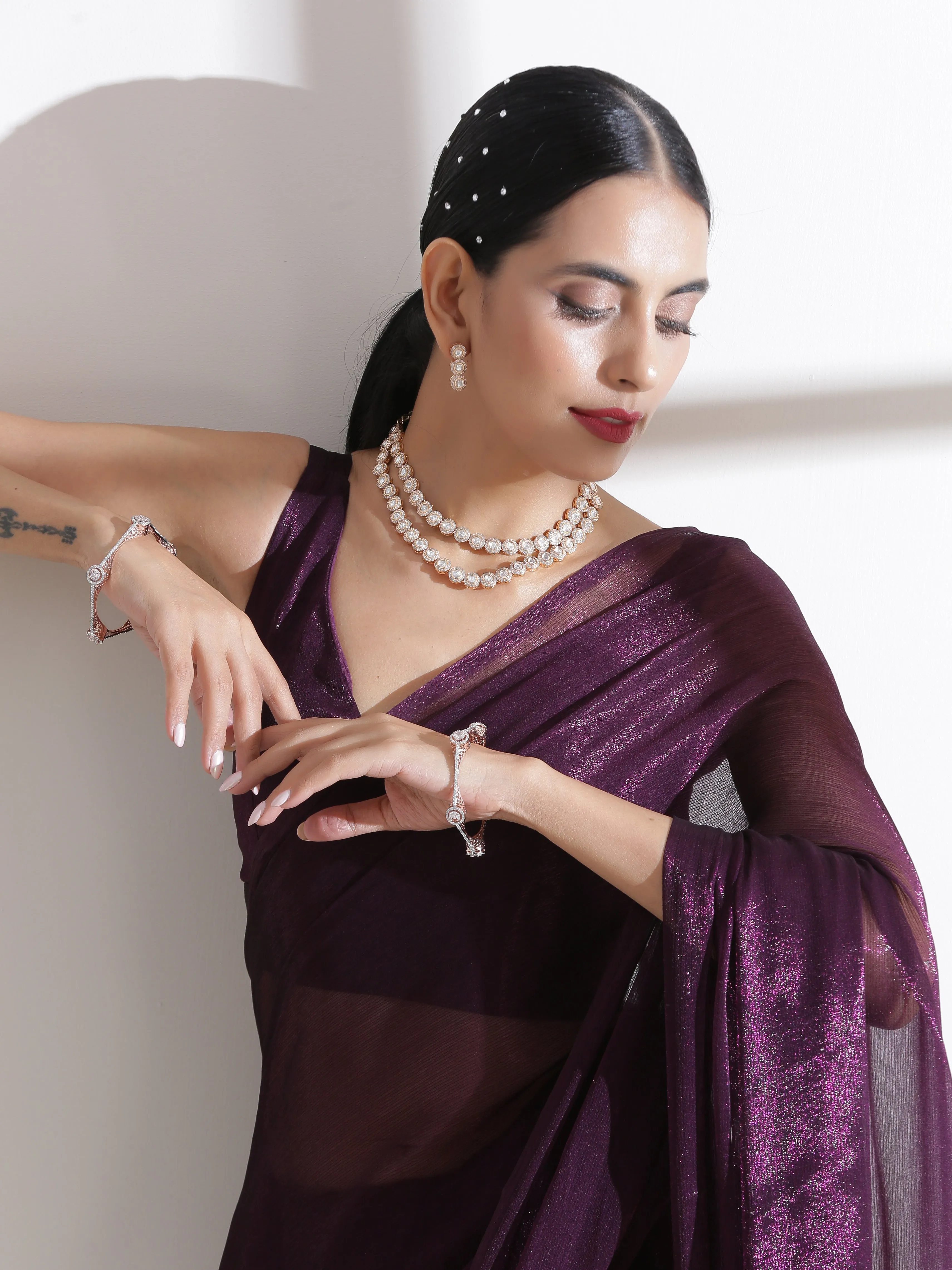 Dual Shade Wine Shimmer Chiffon Saree