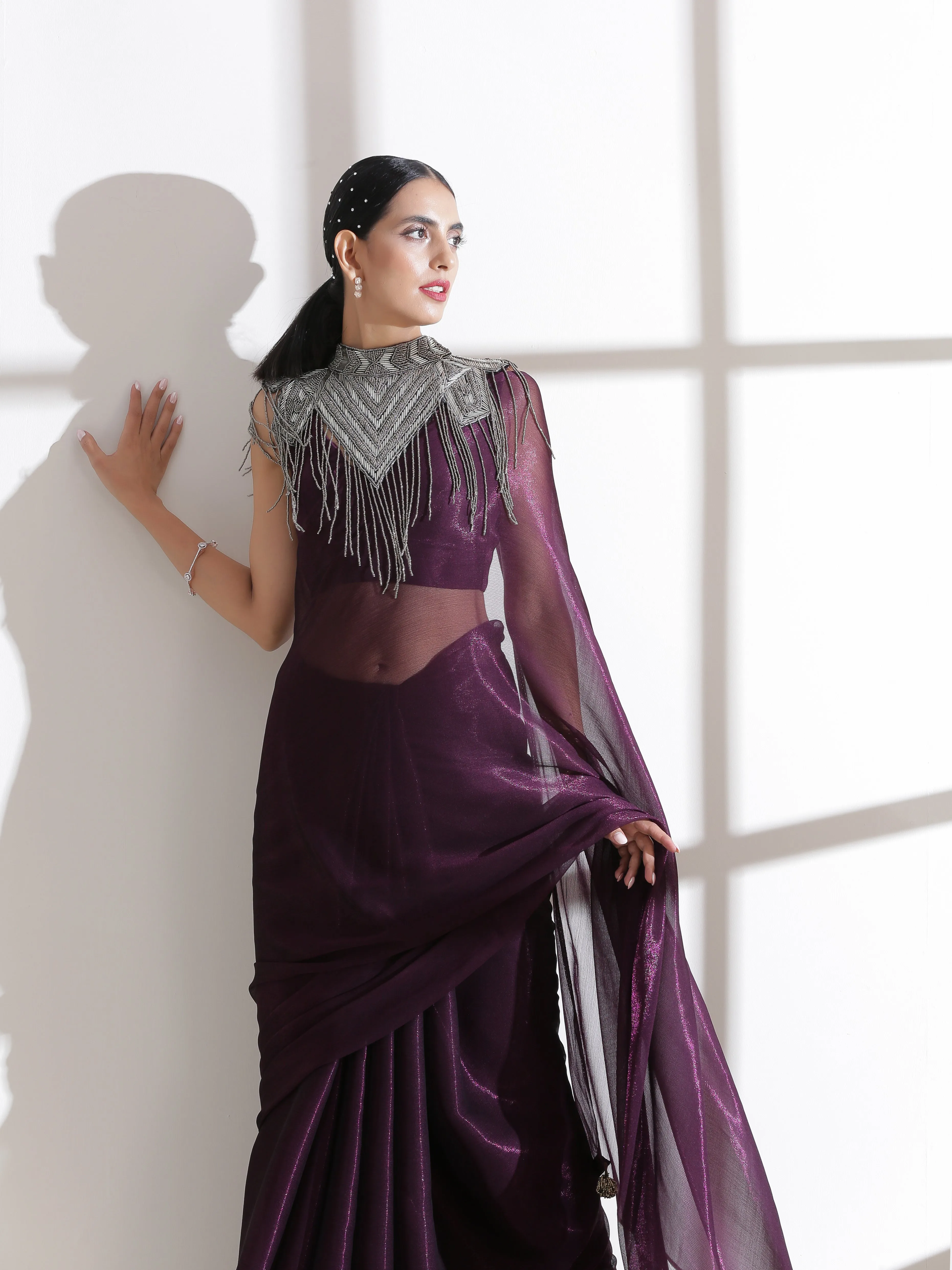 Dual Shade Wine Shimmer Chiffon Saree