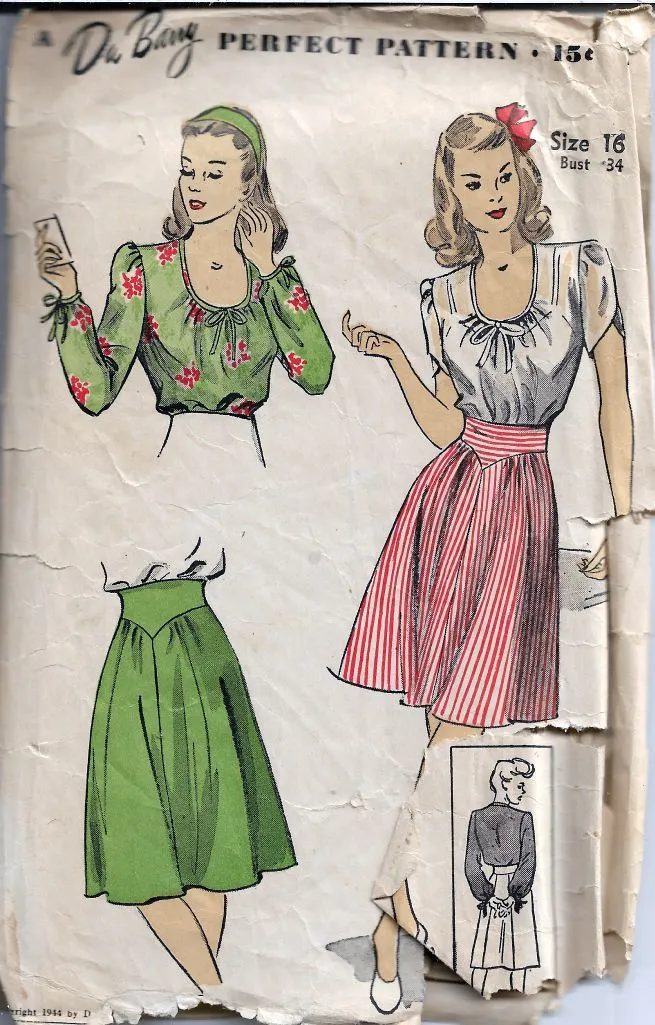 DuBarry 5836 Ladies Scoop Neck Blouse Skirt Vintage Sewing Pattern 1940s Unprinted